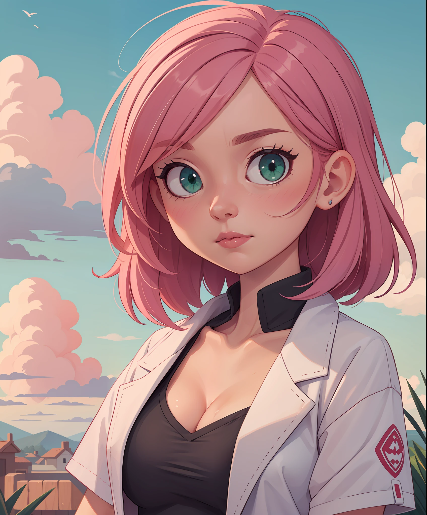 (masterpiece, best quality, ultra-detailed), 1girl, pink hair, green eyes, upper body, cloudy sky,