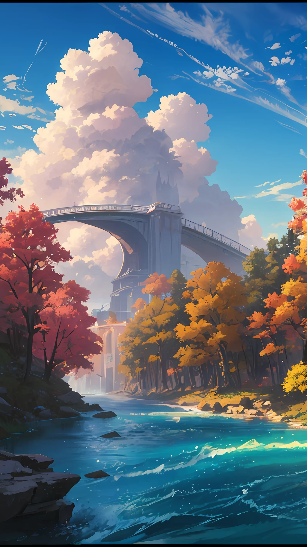 concept-art, No Man, scenery, water, sky, day, tree, Cloud, waterfallr, Outdoors, Building, Nature, River, Blue sky