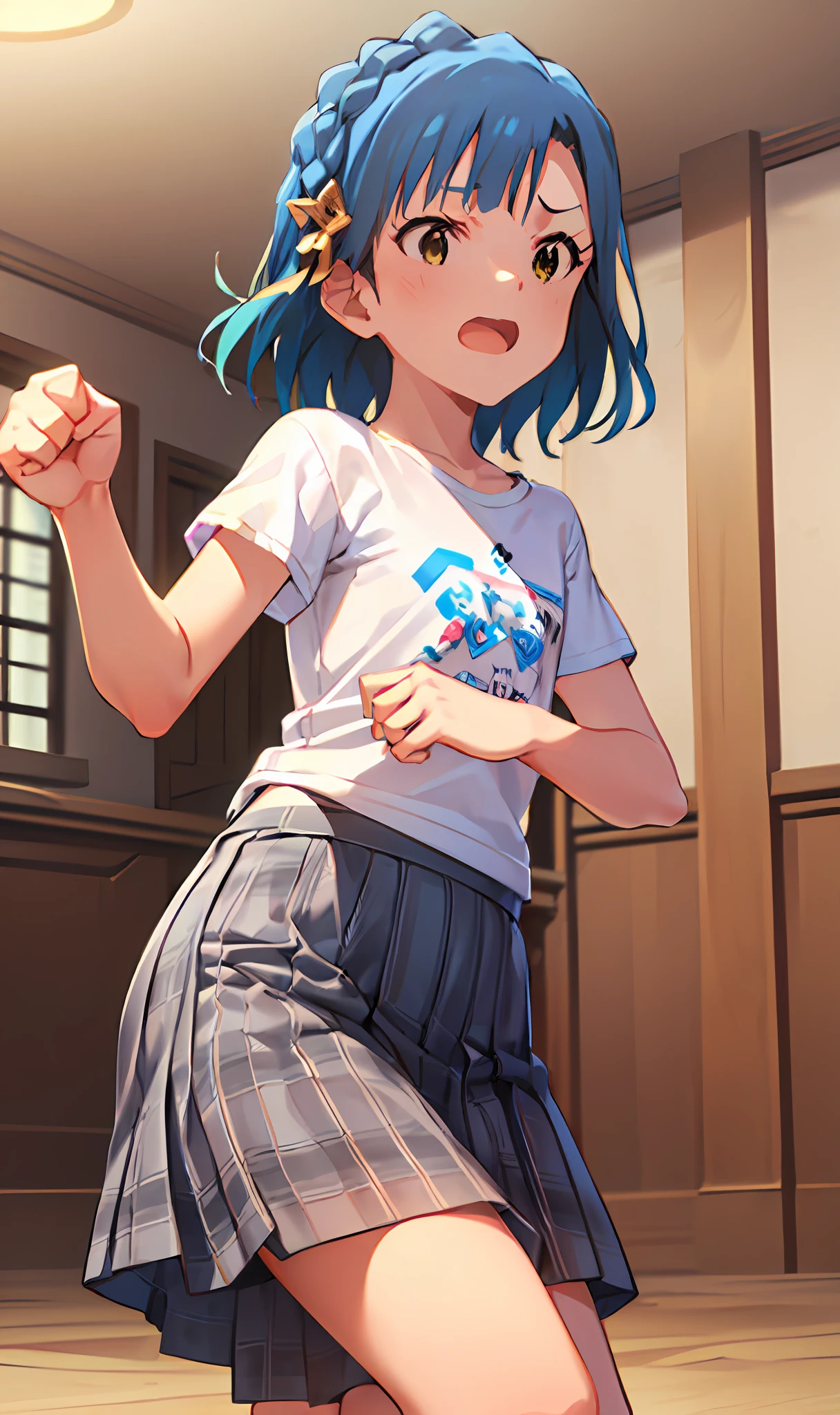 yuriko nanao (million live). Short stature. (((white t-shirts))).(((Skirt))).(((masterpiece))).(((best quality))).((Ultra-detailed))).(((illustratio))). (((fighting stance))).(((a room))).(((make a fist))).(((up chest))).Despair face.(((short-hair))).((Medium chest)).((Opening Mouth)).