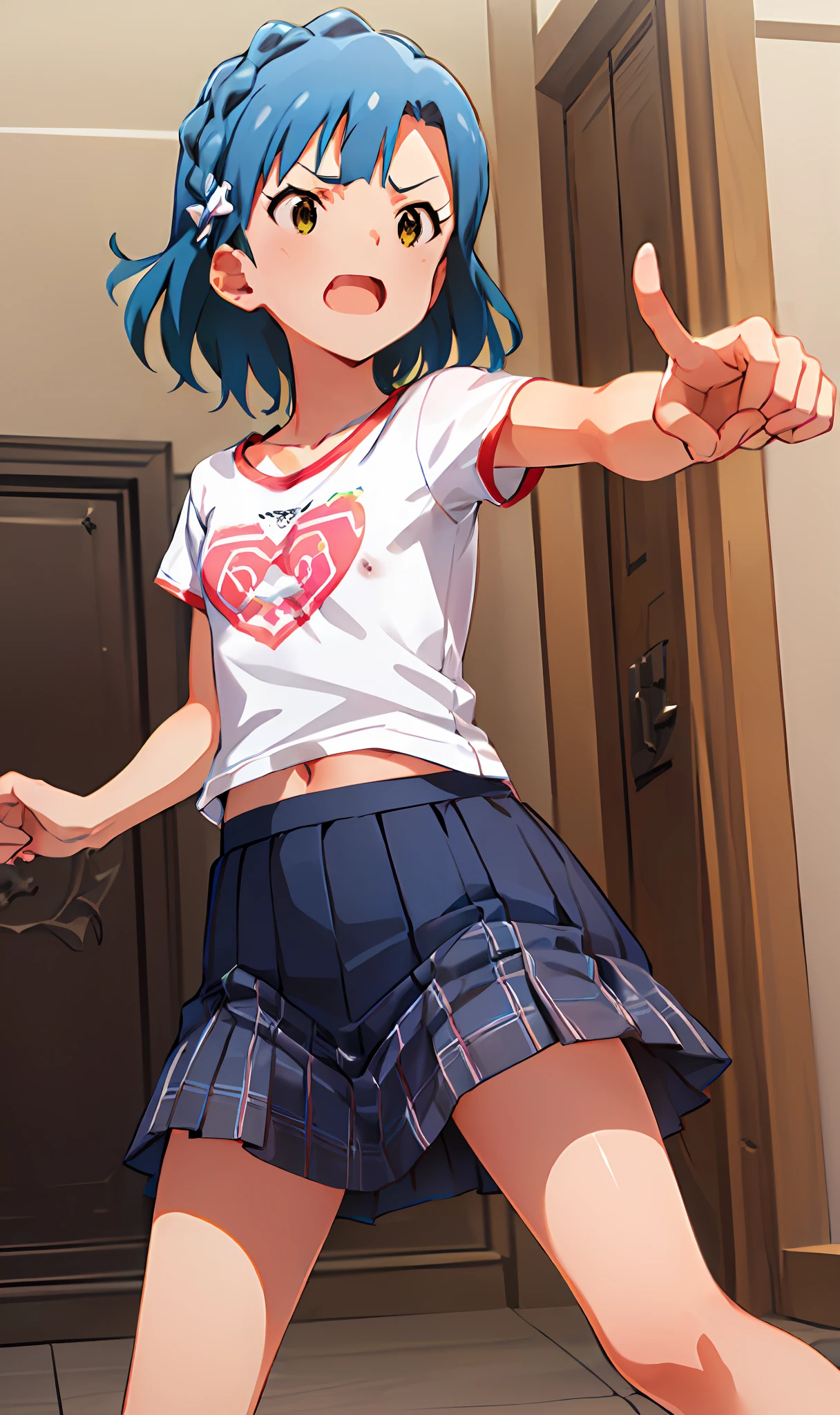 yuriko nanao (million live). Short stature. (((white t-shirts))).(((Skirt))).(((masterpiece))).(((best quality))).((Ultra-detailed))).(((illustratio))). (((fighting stance))).(((a room))).(((make a fist))).(((up chest))).Despair face.(((short-hair))).((Medium chest)).((Opening Mouth)).