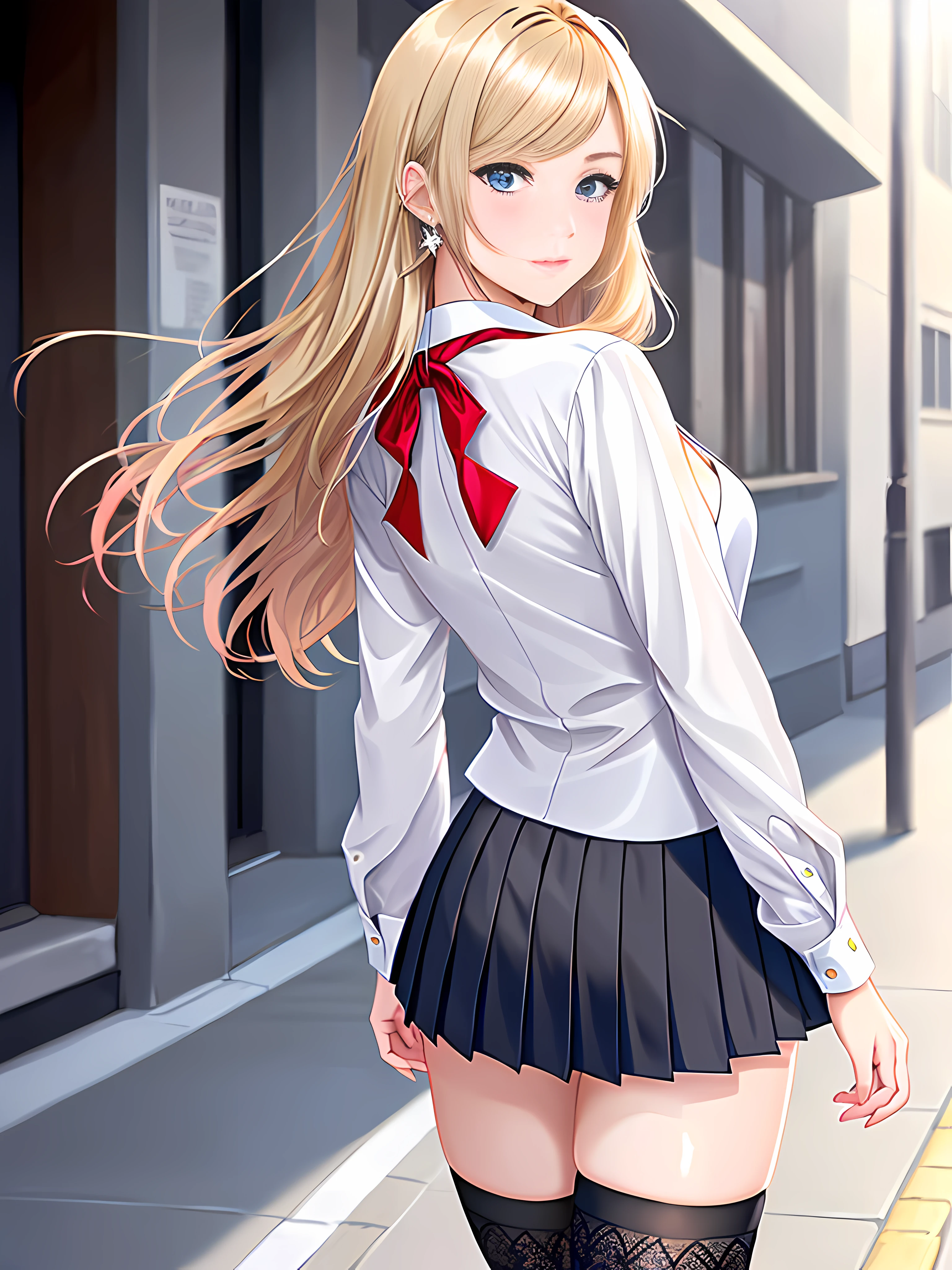 A beautiful blonde girl with blue eyes, walking down the street, the camera focusing on her back, as she looks over her shoulder, long straight hair, thin lips and thin nose, big chest, beautiful gradient, Full body, Beautiful anime style girl, clean detailed facesKawaii, anime girl, dynamic pose, (school uniform: grey V-neck blouse with lace and neckline, black mini-skirt with pleats and butterfly patterns, white knee-high stockings with diamond patterns, red bow tie), massive chest, full body, Uhd digital painting, hyperdetailed triadic colors, unreal engine, intricate detail, complementary colors, 8k resolution, heavy strokes, dynamic light source