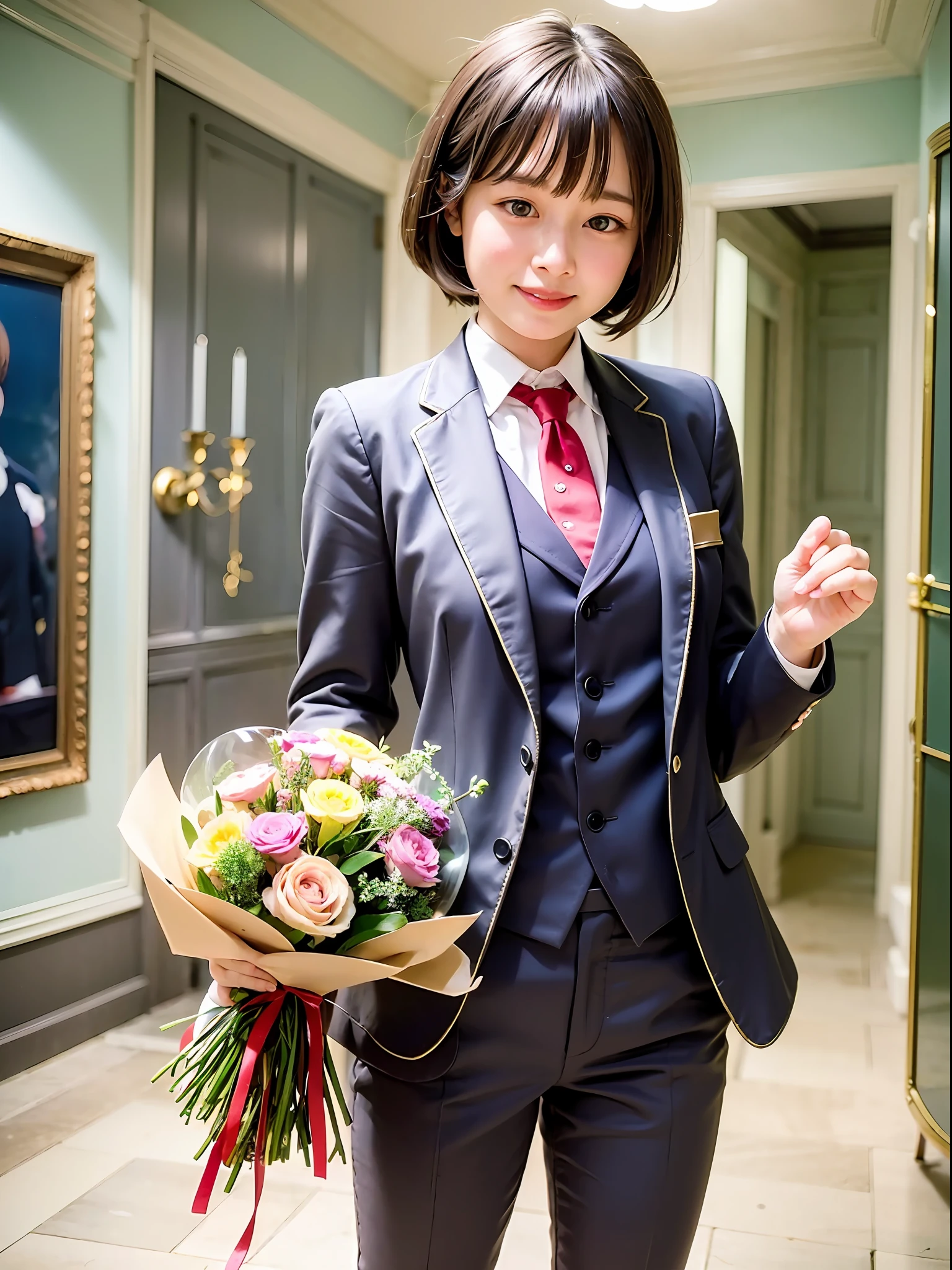 (dynamicposes:1.4)、 (dynamic ungle:1.4)、hyper detailed background、(inside in room:1.2)、((top-quality、8K、masterpiece:1.3))、1girl in、A smile、full body Esbian、Slim Faces、Pretty women、(Silvery hair:1)、hyperdetailed face、A detailed eye、二重まぶた、blured background、Slim Faces、Cute、extremely delicate and beautiful girl、Happy smiling face、Overall、ultra-detailliert、4K、masutepiece、small mouth、(Colossal tits)、Cat's ears、((Two-piece suit)SKS Women Medium Shot Photo、Suits、vests、tailcoat:1.2)、bob cuts、Small smiling mouth、low angles、a small face、(long boots:1.3)、holding a bouquet of flowers with both hands、