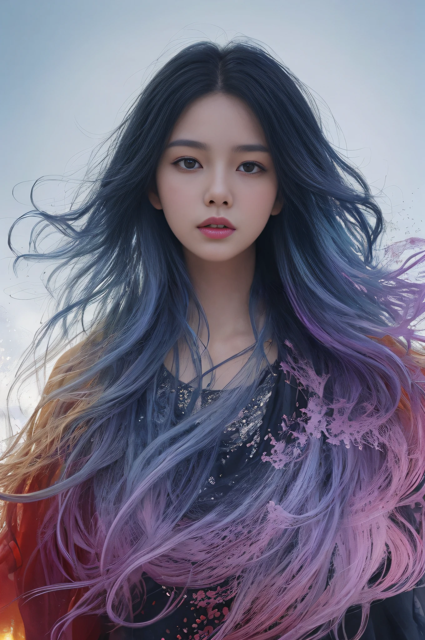 Colorful beautiful girl：A 28-year-old girl，messy  hair，Very real photos，Realistic perfect face，Soft skin perfect face，blue yellow colors，Light purple and violet color added，Light red color added，Complicated details，Splash screen，8K分辨率，tmasterpiece, cute  face, ArtStation digital painting is smooth and very black ink flow：8k resolution photorealistic masterpiece：intricately detailed fluid gouache painting：Written by Jean Baptiste Mongue：caligraphy：propylene：water color art，professional photoshooting，natural  lightting，Volumetric lighting minimalist photographic illustration：Written by Marton Bobzert： ，复杂，ellegance，sprawling，dream magical，Wavy hair，with dynamism