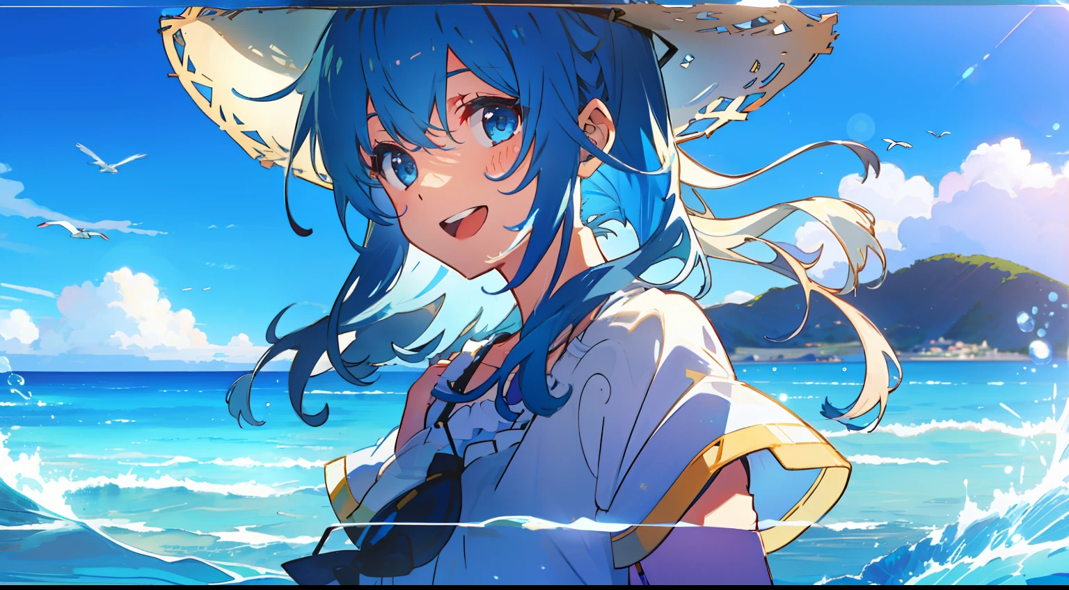 sea side、One girl、beautiful ocean、blue-sky、laugh、lightblue hair、light blue  eyes、summer  dress、long-brimmed hat