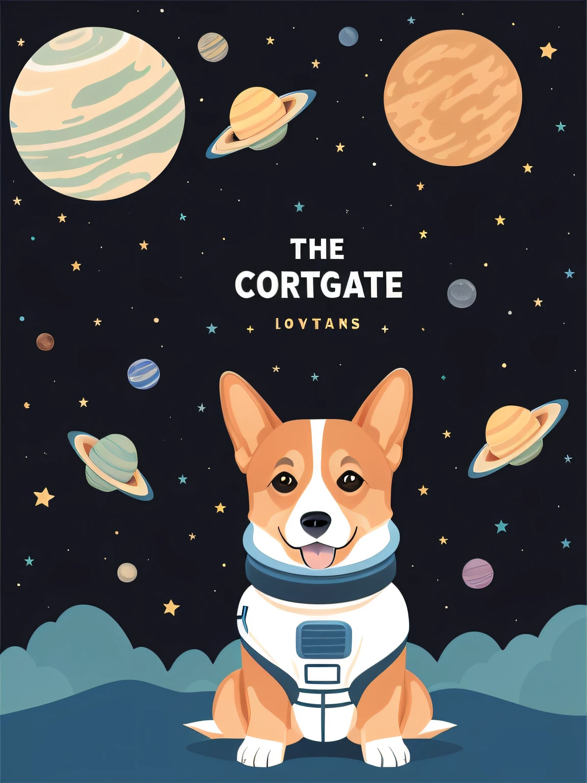 Vector-art of a (corgi wearing an astronaut suit: 1.3) in outer space. The corgi should have a cute and endearing expression, showing its excitement for the cosmic adventure. The astronaut suit can be adorned with space-themed patches (and a helmet: 1.1) with a reflective visor. Surround the corgi with floating stars, planets, and colorful nebulae over a black background to convey the vastness and beauty of outer space. Use bold and vibrant colors to make the illustration visually appealing and cheerful