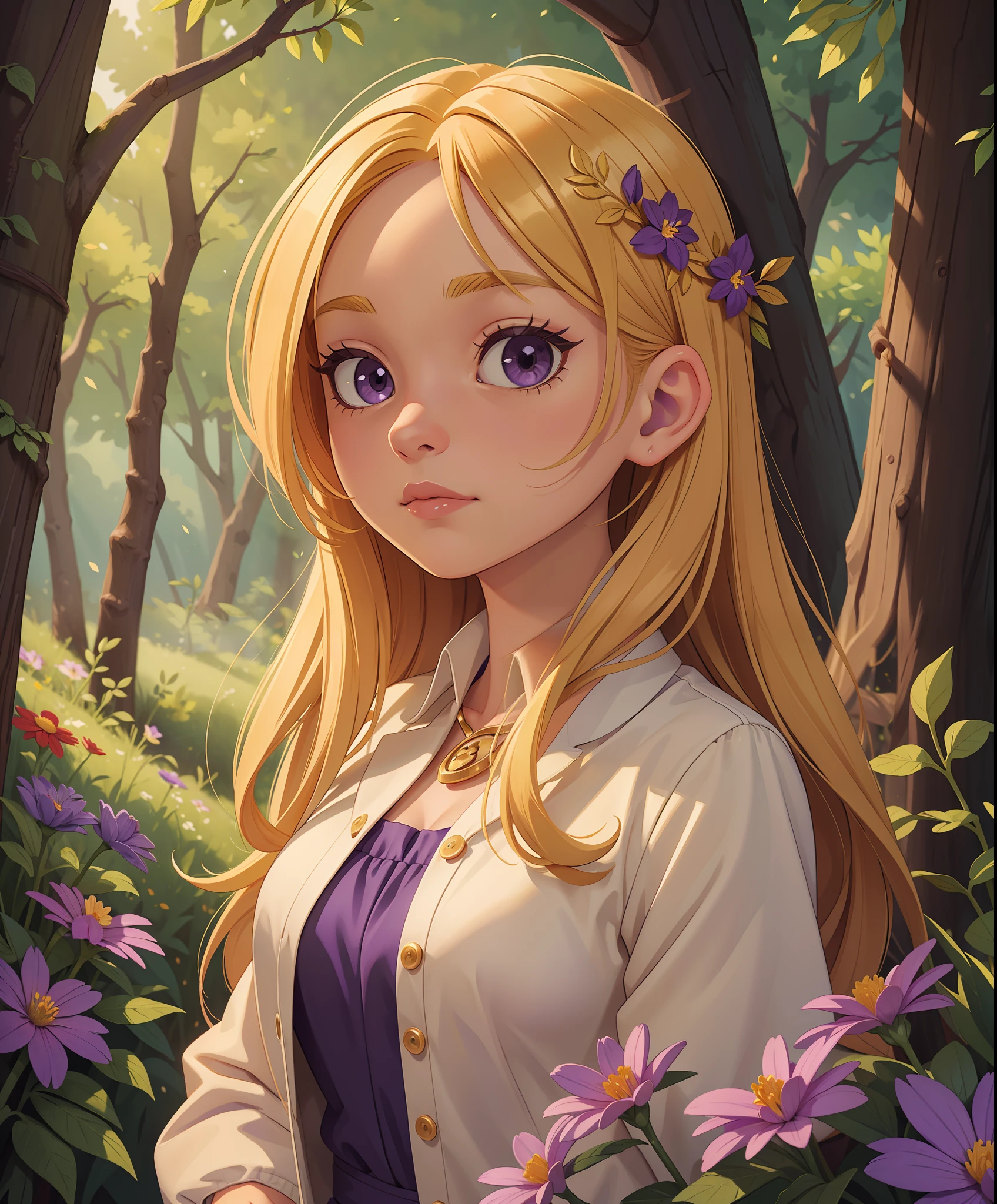 (masterpiece, best quality, ultra-detailed), 1girl, golden hair, purple eyes, forest, flowers,