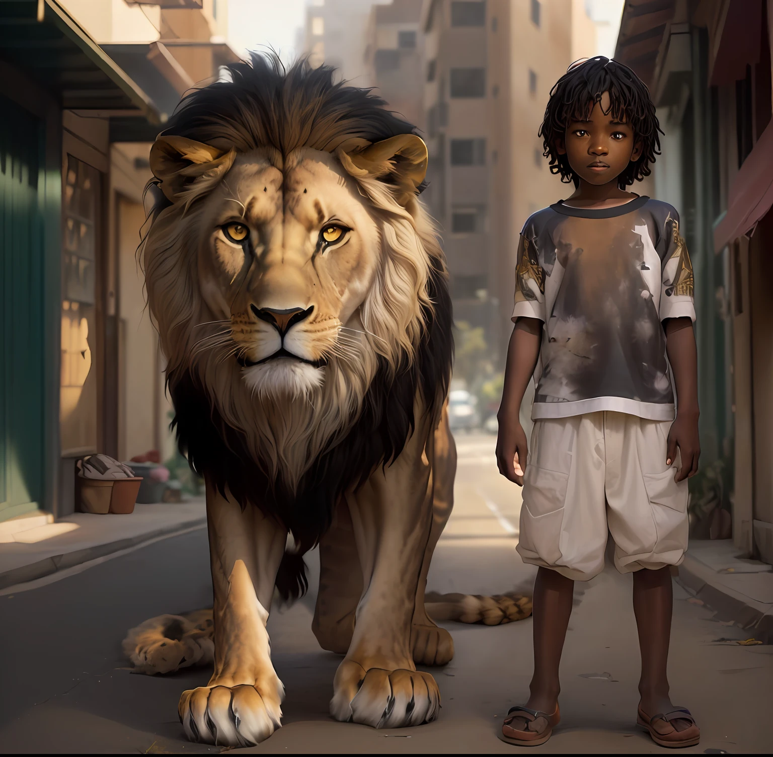Arafed black African boy standing next to a lion in a street, foto da National Geographic", Aslan the Lion, Directed by: Robert Jacobsen, inspirado em Martin Schoeller, Fotografia da National Geographic, Directed by: Martin Schoeller, Por National Geographic, Directed by: Matt Stewart, Lion, Rei da selva, National Geographic Fotos, Directed by: Nathalie Rattner, Directed by: Alison Geissler