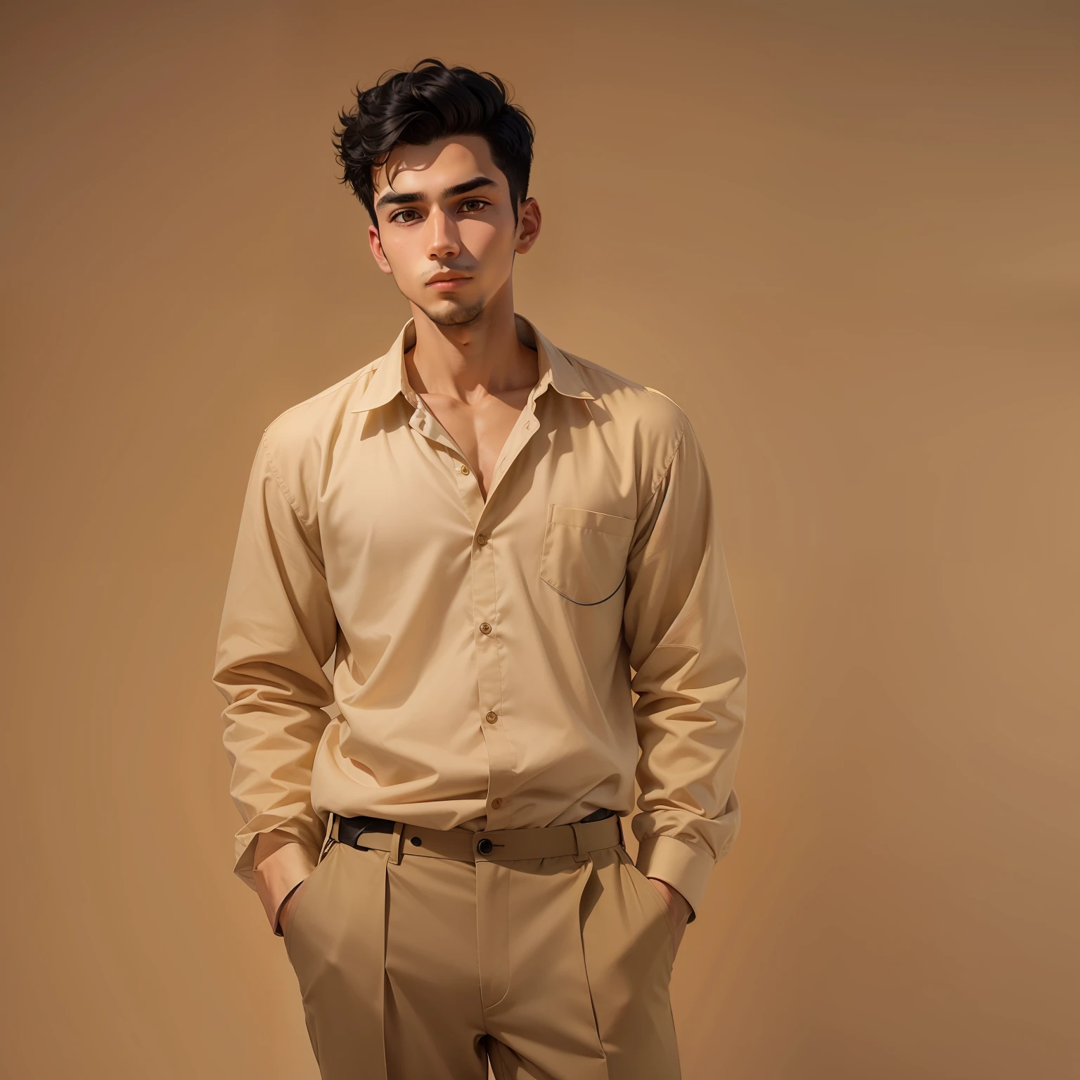 25-year-old male, short black hair, dressed in a beige shirt and beige pants, standing in a dark room, reluctant expression
