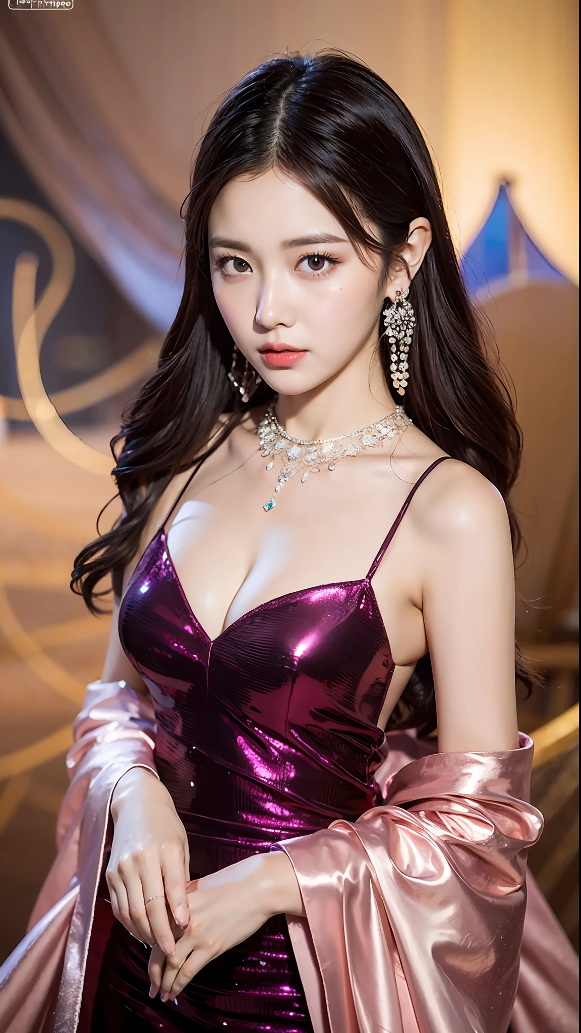 （best qualtiy，8K，32K，tmasterpiece，hyper HD：1.2），Pure young woman in the photo，S-shaped body，Beautiful evening dress，full bodyesbian，sface focus，trinkets，pretty background，from the above，looking at viewert