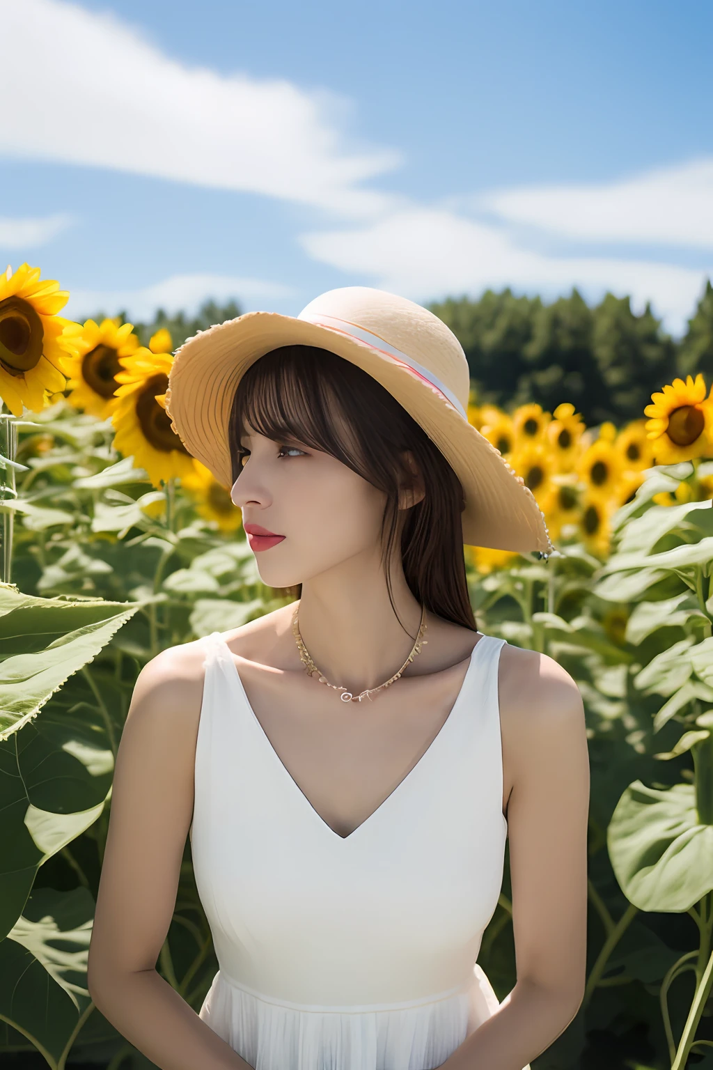 (8K, RAW photogr, Photorealistic:1.25)，1girll，a lot of sunflowers，blue-sky，baiyun，Pose，(white dresses:1.2)，Rainbow color necklace，（of a real：1.4），conservative girl，full bodyesbian，bucket-hat