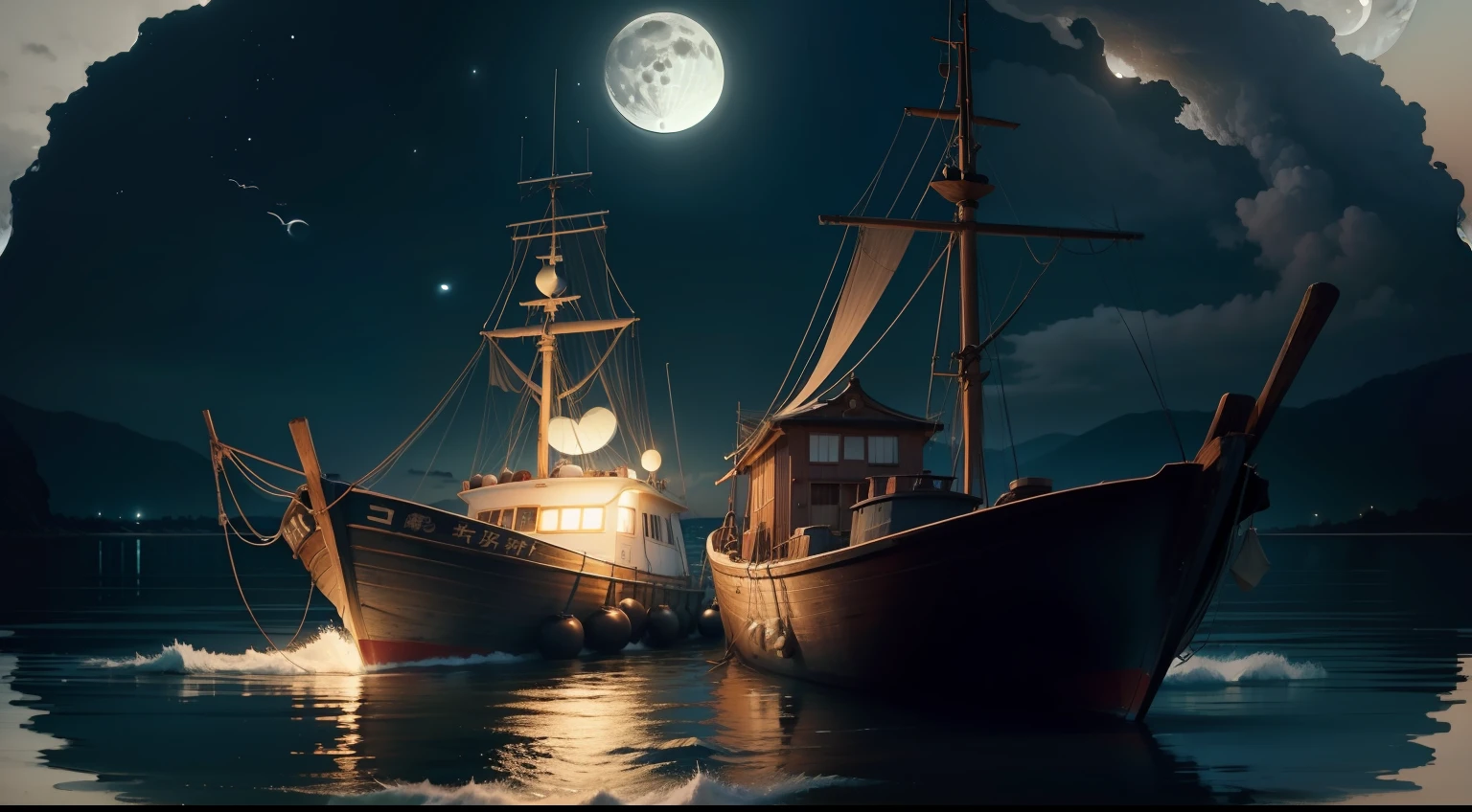 fishing boats、Mare、natta、dark、a moon