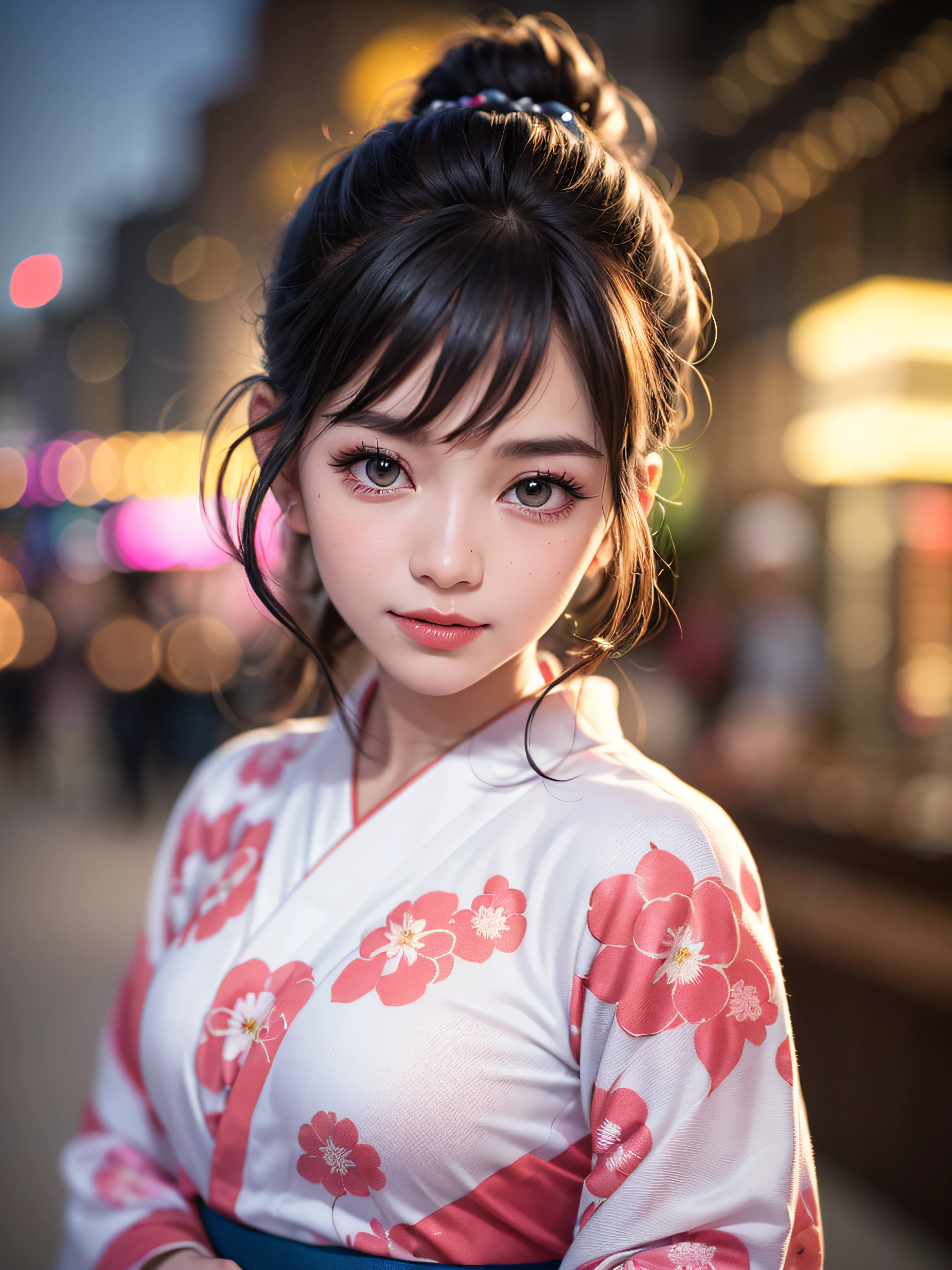 (realistic, photo-realistic:1.37), (masterpiece:1.2), (best quality:1.4), (ultra high res:1.2),(RAW photo:1.2), (sharp focus:1.3), (face focus:1.2), vibrant details, hyperrealistic, (full body:1.37), (1girl wearing detailed yukata:1.5), (23yo:1.1), (happy smile:1.35), (extremely detailed beautiful face and eyes:1.4), (extremely detailed beautiful hair:1.4),delicate composition,(posing:1.2), (young hands:1.2), medium breast, flower hair ornament,(Updo hair:1.3),( lipgloss, eyelashes, gloss-face, glossy skin, best quality, ultra highres, depth of field, chromatic aberration, caustics, Broad lighting, natural shading,Kpop idol:1.2) looking at viewer with a serene and goddess-like happiness,BREAK,
(Beautiful fireworks in the night sky background:1.2),(japanese summer festival:1.1), scenery, bangs, beautiful detailed eyes, makeup, looking at viewer, (cute), (soft lighting), finely detail,