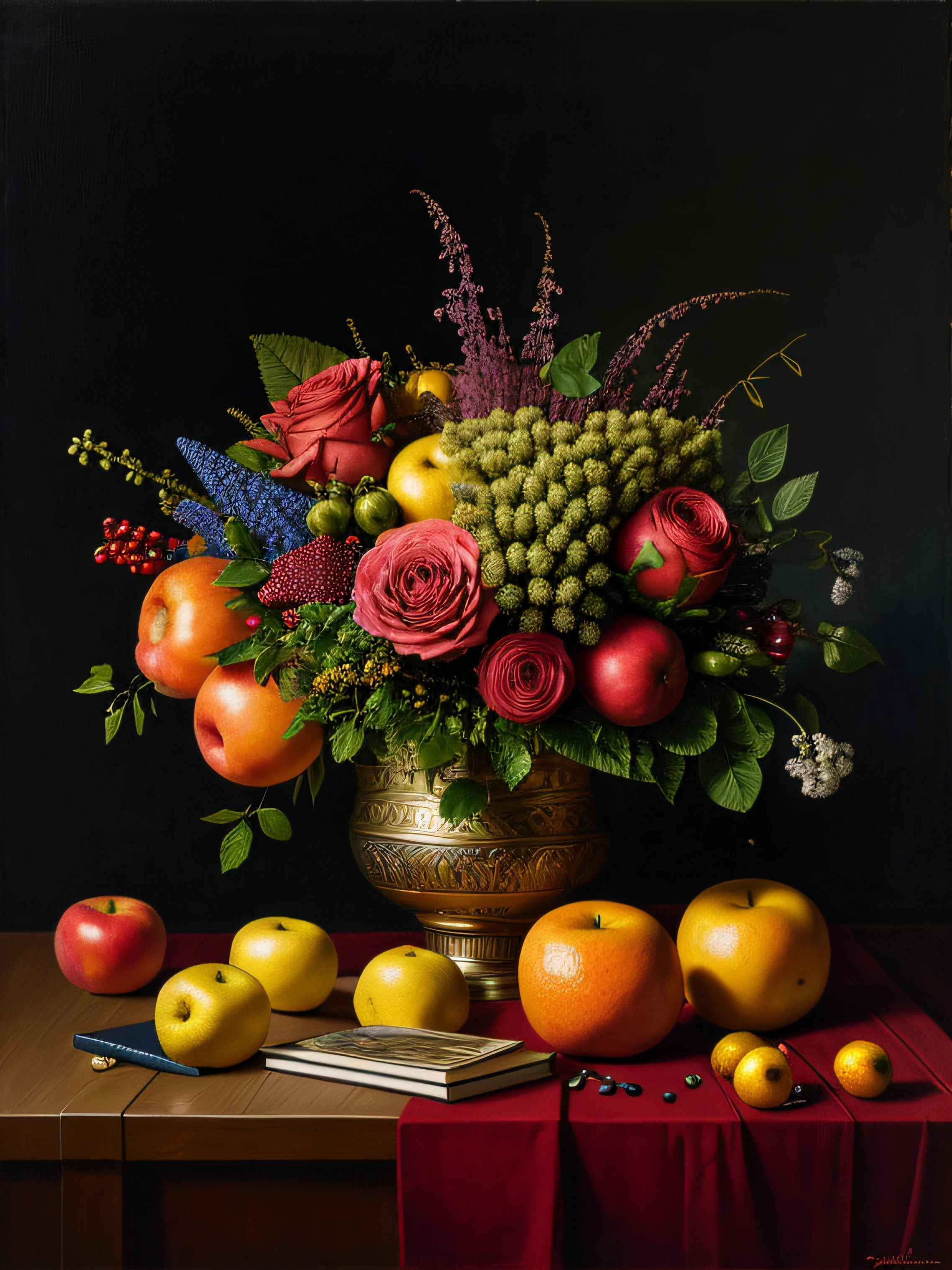 masterpiece, best quality, high quality, extremely detailed CG Unity 8k wallpaper, two fruit baskets and a book on the table, Vladimir Borovikovsky's still life, polygraph competition winner, hyperrealism, still life, renato muccillo, fruits and flowers, vintage, photorealistic oil on canvas, sergey krasovsky, nikolay kopeikin, maxim sukharev, fruk, photorealistic, extremely detailed, artstation trends, CGsociety trends, intricate, highly detailed, dramatic, midway art And a masterpiece, best quality, high quality, 8k uhd, dslr, soft lighting, high quality, film grain, Fujifilm XT3