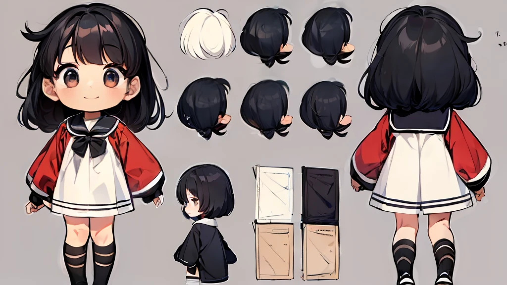 ((masterpiece)),(((best quality))),(character design sheet,same character,front,side,back), 1girl, 3 , solo, chibi, black hair, black eyes, looking at around, full body, 100cm tall, detailed, smiling, black sailor outfit with short shorts, red rose as accessory, charturnbetalora, concept art, character concept art, character sketch, reference sheet, character sheet, (simple background, white background: 1.3)