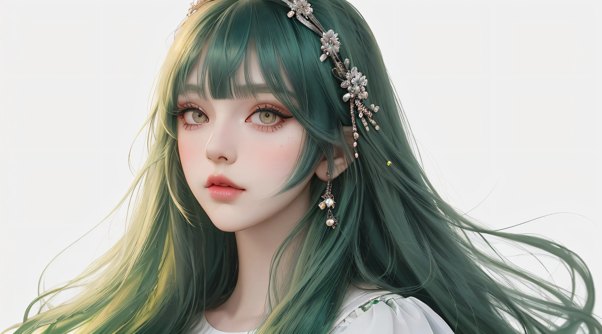 Girl, long green hair, black eyes, thick eyelashes, eye shadow, lip gloss, with hair accessories, neatly combed bangs, gaze straight at the viewer, makeup, colorful hair, portrait, simple background, alone, white background, smooth skin, masterpiece: 1.4, best quality: 1.4, realistic, fashion girl