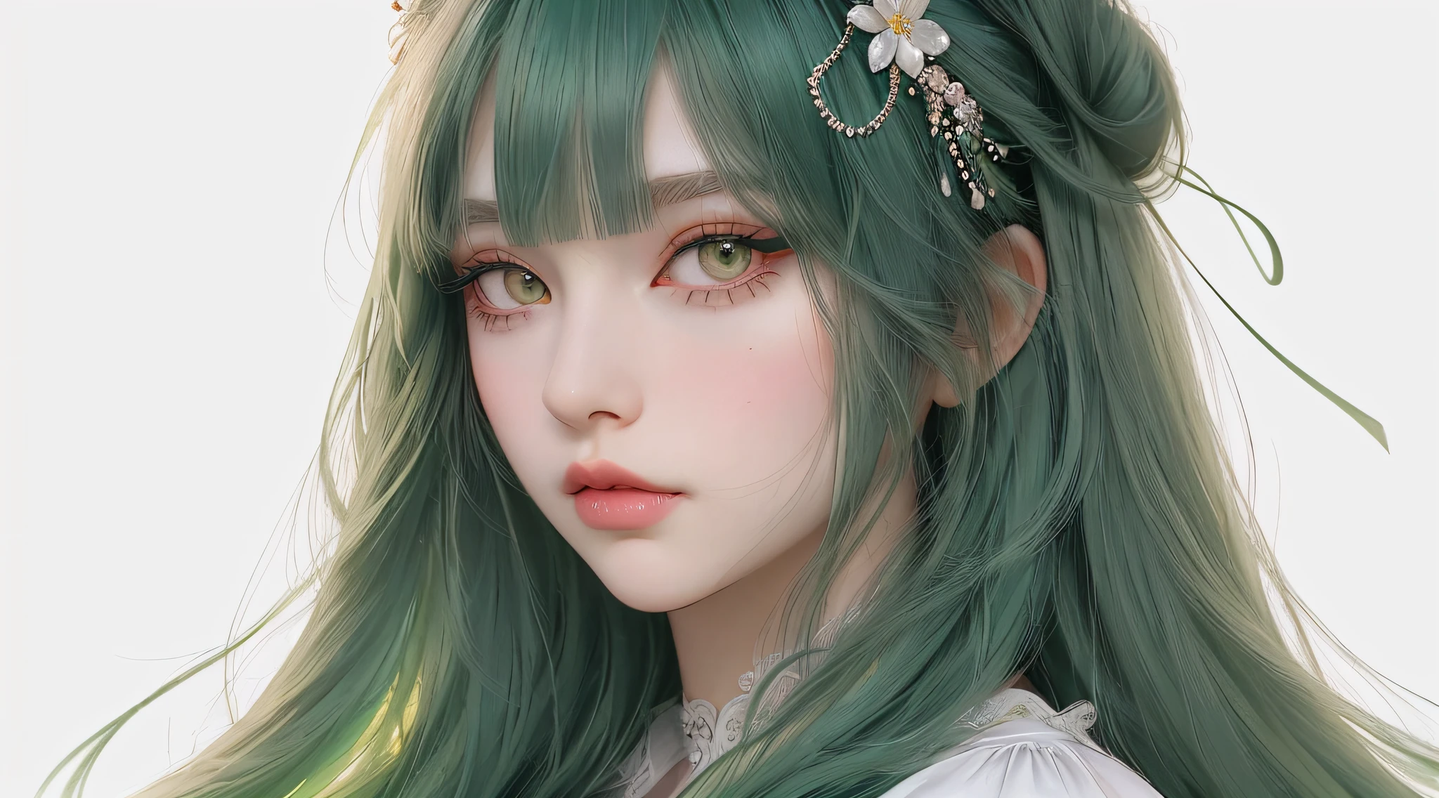 Girl, long green hair, black eyes, thick eyelashes, eye shadow, lip gloss, with hair accessories, neatly combed bangs, gaze straight at the viewer, makeup, colorful hair, portrait, simple background, alone, white background, smooth skin, masterpiece: 1.4, best quality: 1.4, realistic, fashion girl