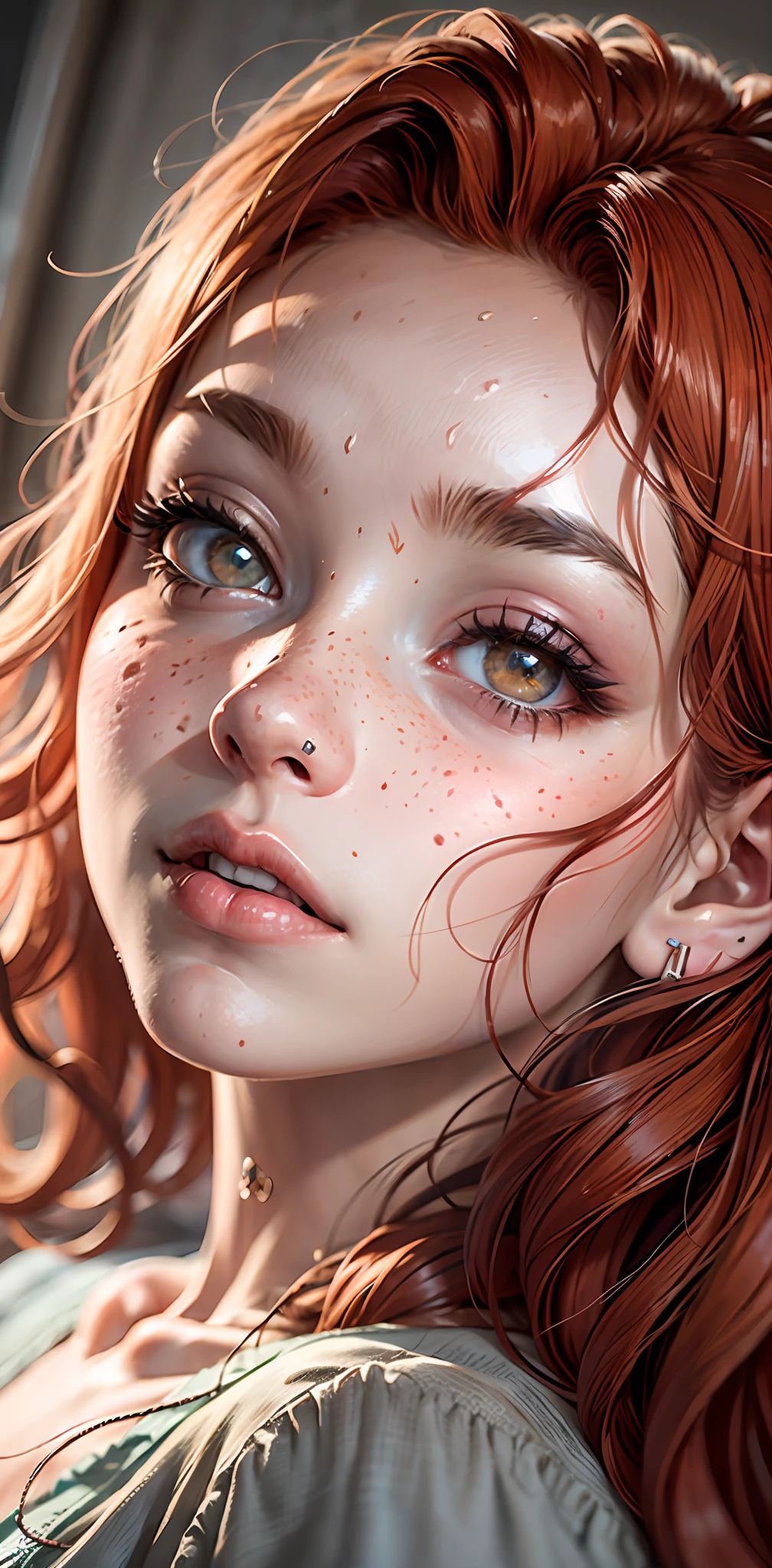 At bed, liying on her back, kiss lips, face focus, wet skin, redhead, red hair, freckles, long straight hair, European youth, perfect body, (detailed face:1.2), (detailed eyes:1.2), fashion photorealism, photography, sharpness, unique 850 4, koda850 k portrait camera, f1.6 lens, rich color, hyperrealistic texture, spectacular light texture, surreal art, Cinestil 800 fashion mechanism,