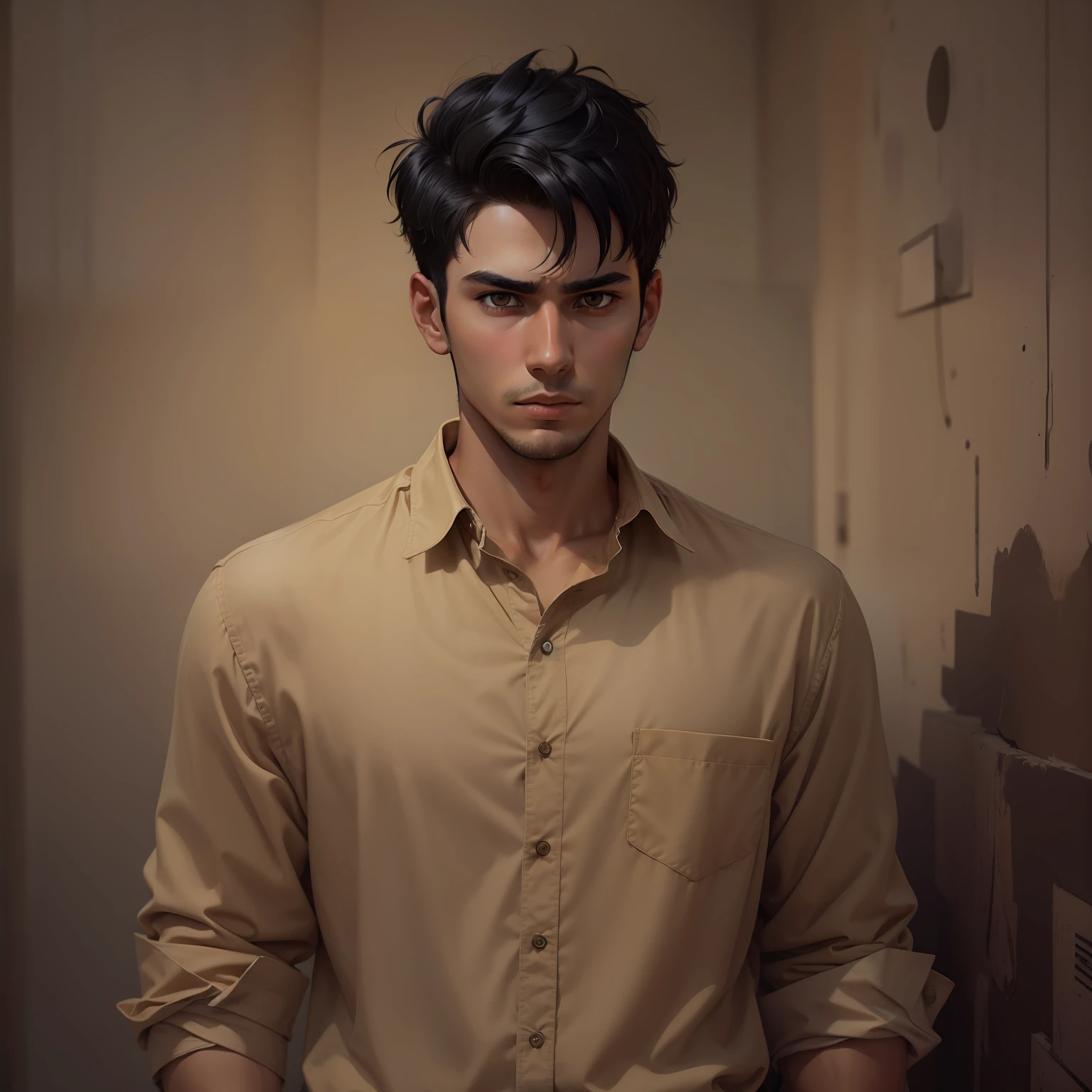 Male, 25 years old, short black hair, dressed in a beige shirt and beige pants, standing in a dark gloomy room, reluctant expression