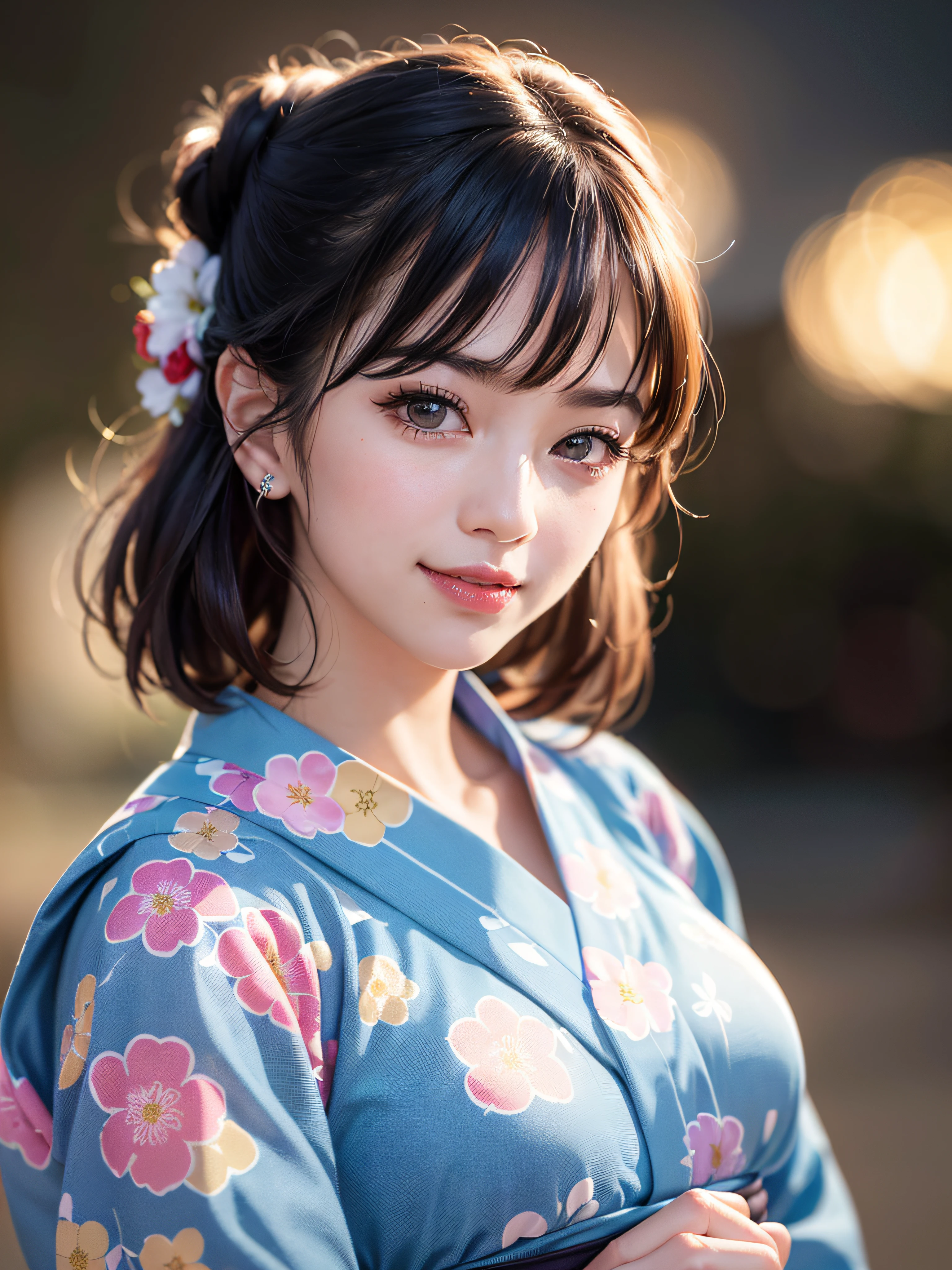 (realistic, photo-realistic:1.37), (masterpiece:1.2), (best quality:1.4), (ultra high res:1.2),(RAW photo:1.2), (sharp focus:1.3), (face focus:1.2), vibrant details, hyperrealistic, (full body:1.37), (1girl wearing detailed yukata:1.5), (23yo:1.1), (happy smile:1.35), (extremely detailed beautiful face and eyes:1.4), (extremely detailed beautiful hair:1.4),delicate composition,(posing:1.2), (young hands:1.2), medium breast, flower hair ornament,(Updo hair:1.3),( lipgloss, eyelashes, gloss-face, glossy skin, best quality, ultra highres, depth of field, chromatic aberration, caustics, Broad lighting, natural shading,Kpop idol:1.2) looking at viewer with a serene and goddess-like happiness,BREAK,
(Beautiful fireworks in the night sky background:1.2),(japanese summer festival:1.1), scenery, bangs, beautiful detailed eyes, makeup, looking at viewer, (cute), (soft lighting), finely detail,