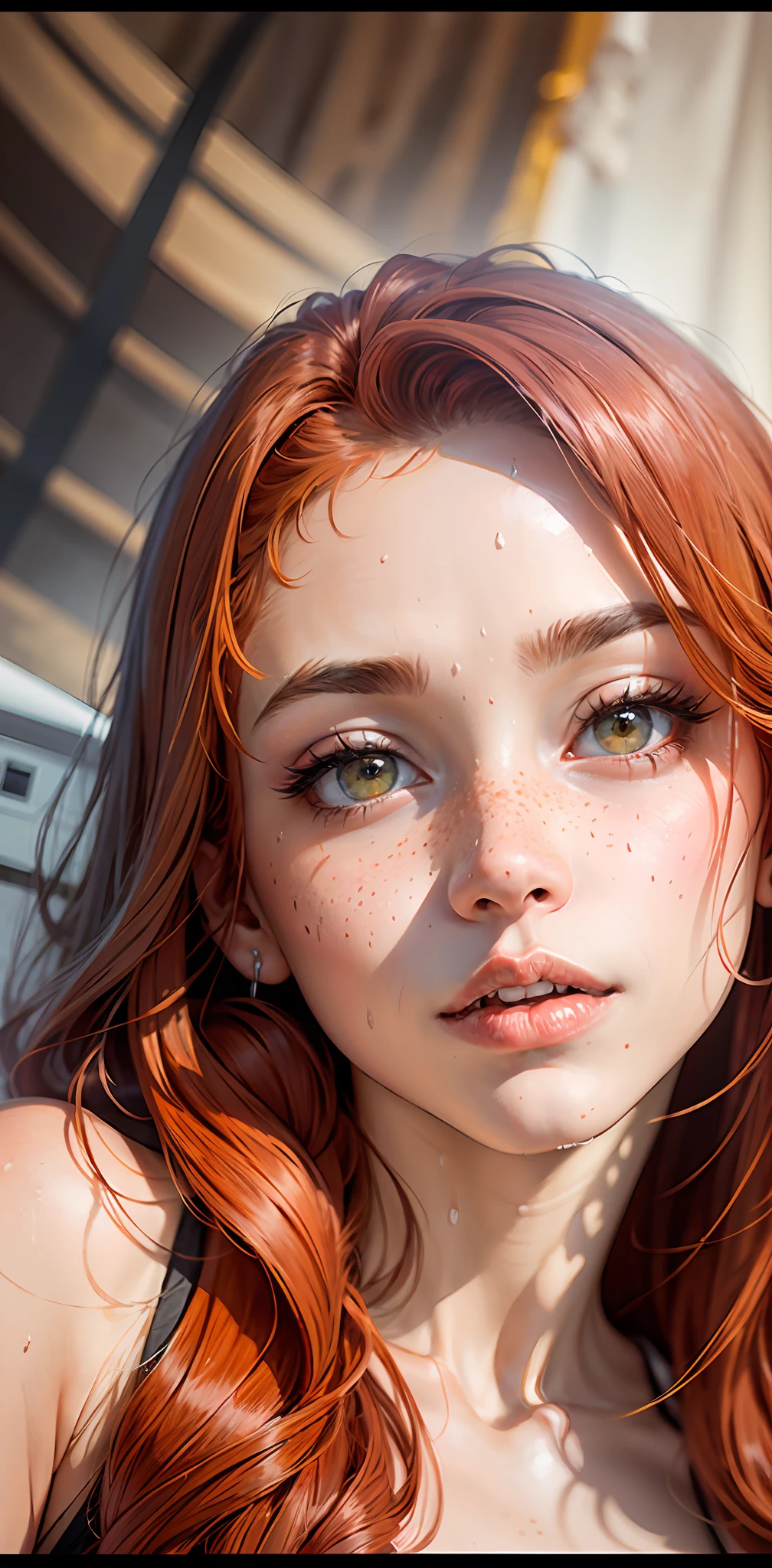 At bed, liying on her back, kiss lips, face focus, wet skin, redhead, red hair, freckles, long straight hair, European youth, perfect body, (detailed face:1.2), (detailed eyes:1.2), fashion photorealism, photography, sharpness, unique 850 4, koda850 k portrait camera, f1.6 lens, rich color, hyperrealistic texture, spectacular light texture, surreal art, Cinestil 800 fashion mechanism,
