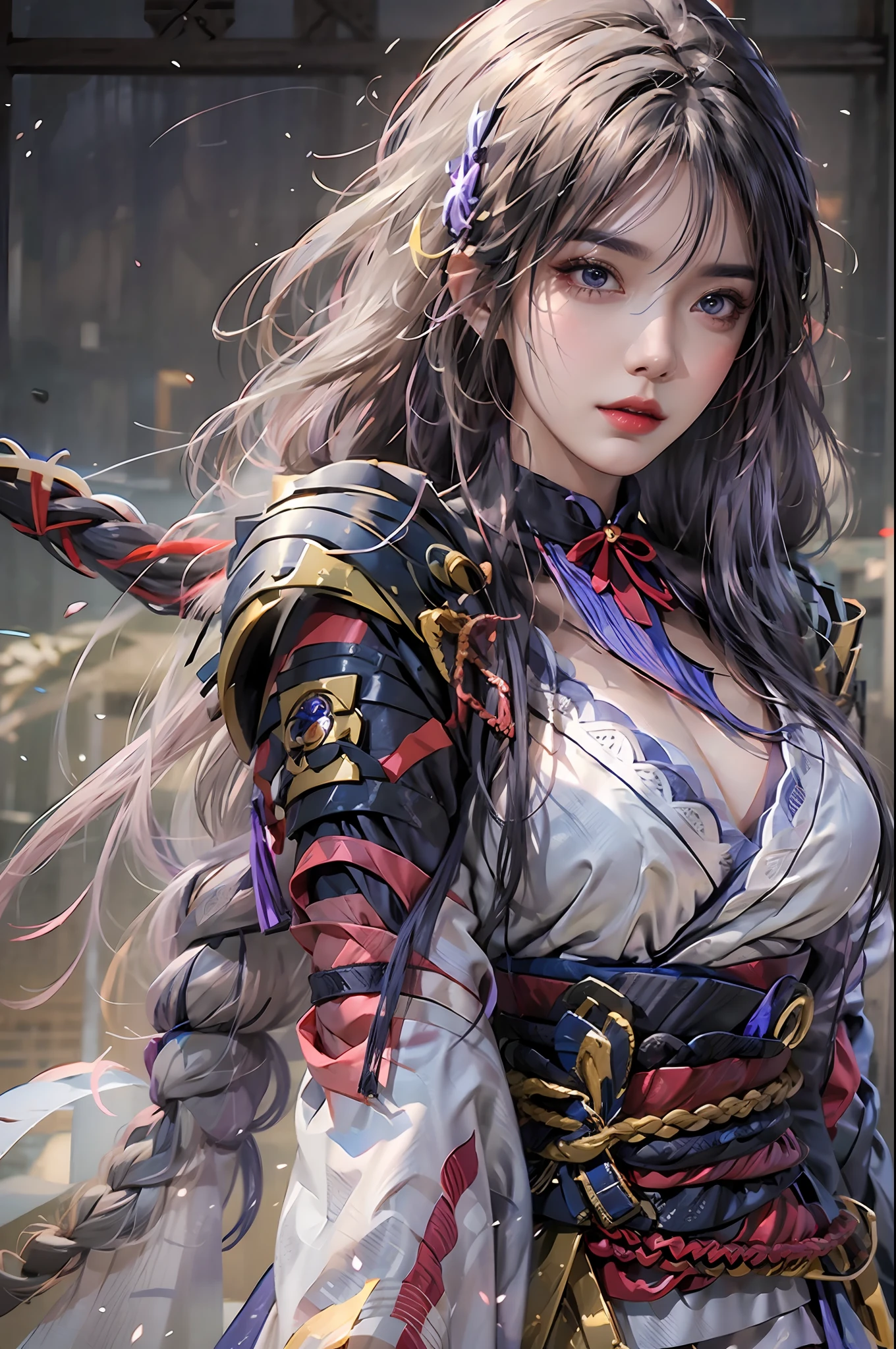 photorealistic, high resolution, 1 girl, hips up, long hair, beautiful eyes, normal breast, raiden shogun costume