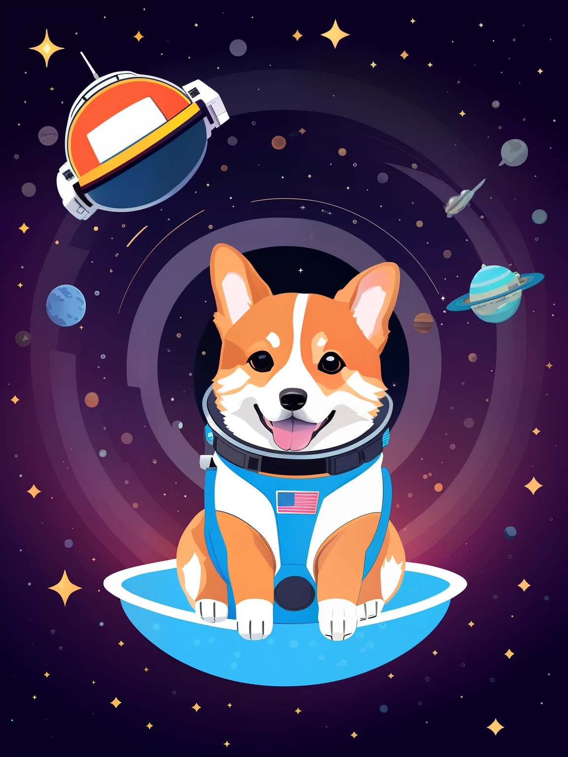 Vector-art of a (corgi wearing an astronaut suit: 1.3) in outer space. The corgi should have a cute and endearing expression, showing its excitement for the cosmic adventure. The astronaut suit can be adorned with space-themed patches (and a helmet: 1.1) with a reflective visor. Surround the corgi with floating stars, planets, and colorful nebulae over a black background to convey the vastness and beauty of outer space. Use bold and vibrant colors to make the illustration visually appealing and cheerful