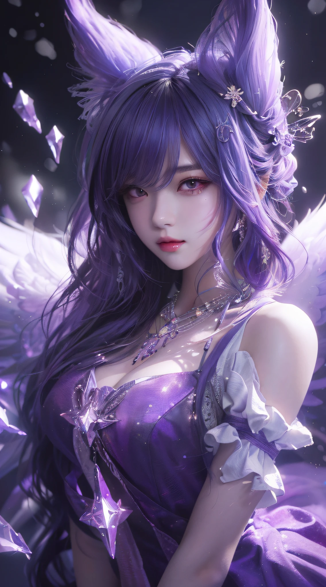 Anime girl with purple hair and purple wings purple dress, Extremely detailed Artgerm, 8K high quality detailed art, Detailed digital anime art, Anime fantasy artwork, by Yang J, style of anime4 K, Anime fantasy illustration, Art germ on ArtStation Pixiv, beautiful fantasy anime, Art germ. anime illustration, 2. 5 D CGI anime fantasy artwork