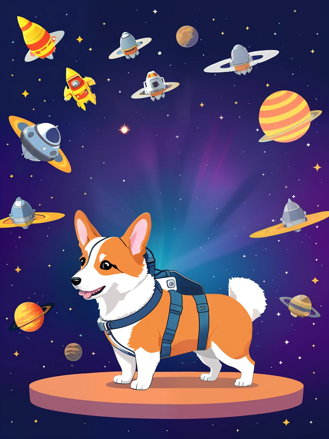 Vector-art of a (corgi wearing an astronaut suit: 1.3) in outer space. The corgi should have a cute and endearing expression, showing its excitement for the cosmic adventure. The astronaut suit can be adorned with space-themed patches and a helmet with a reflective visor. Surround the corgi with floating stars, planets, and colorful nebulae to convey the vastness and beauty of outer space. Use bold and vibrant colors to make the illustration visually appealing and cheerful