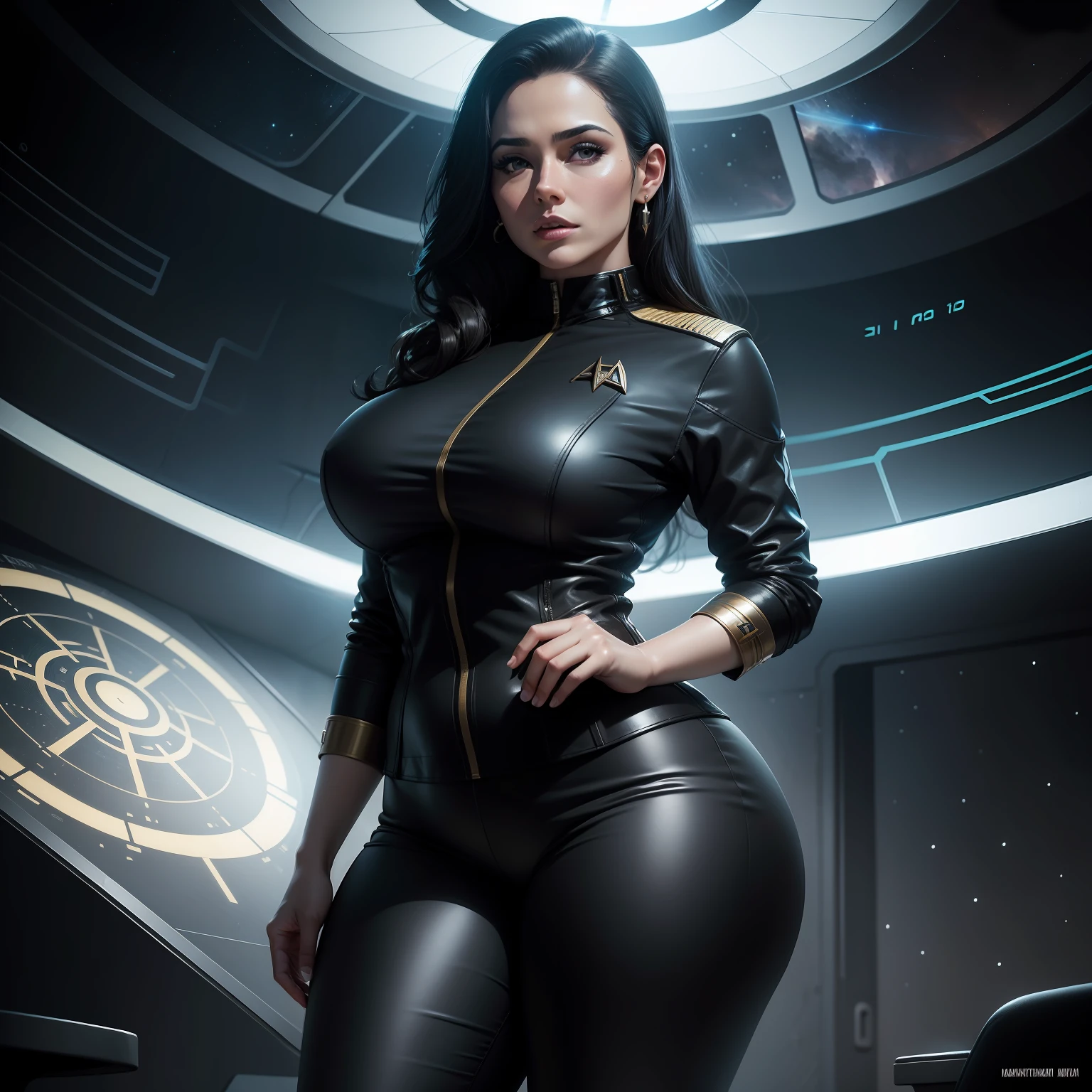 inda mulher, Estilo Star Trek ,plus size, sexy, vestindo uniforme preto com partes brancas, black pant,Uniforme estilo Star Trek, Imagem altamente detalhada, Estilo realista, perfect hands, sem , Estilo Star Trek, dentro da nave espacial UU Enterprise-1701, estilo filme star trek de J. j. Abrams, papel de parede