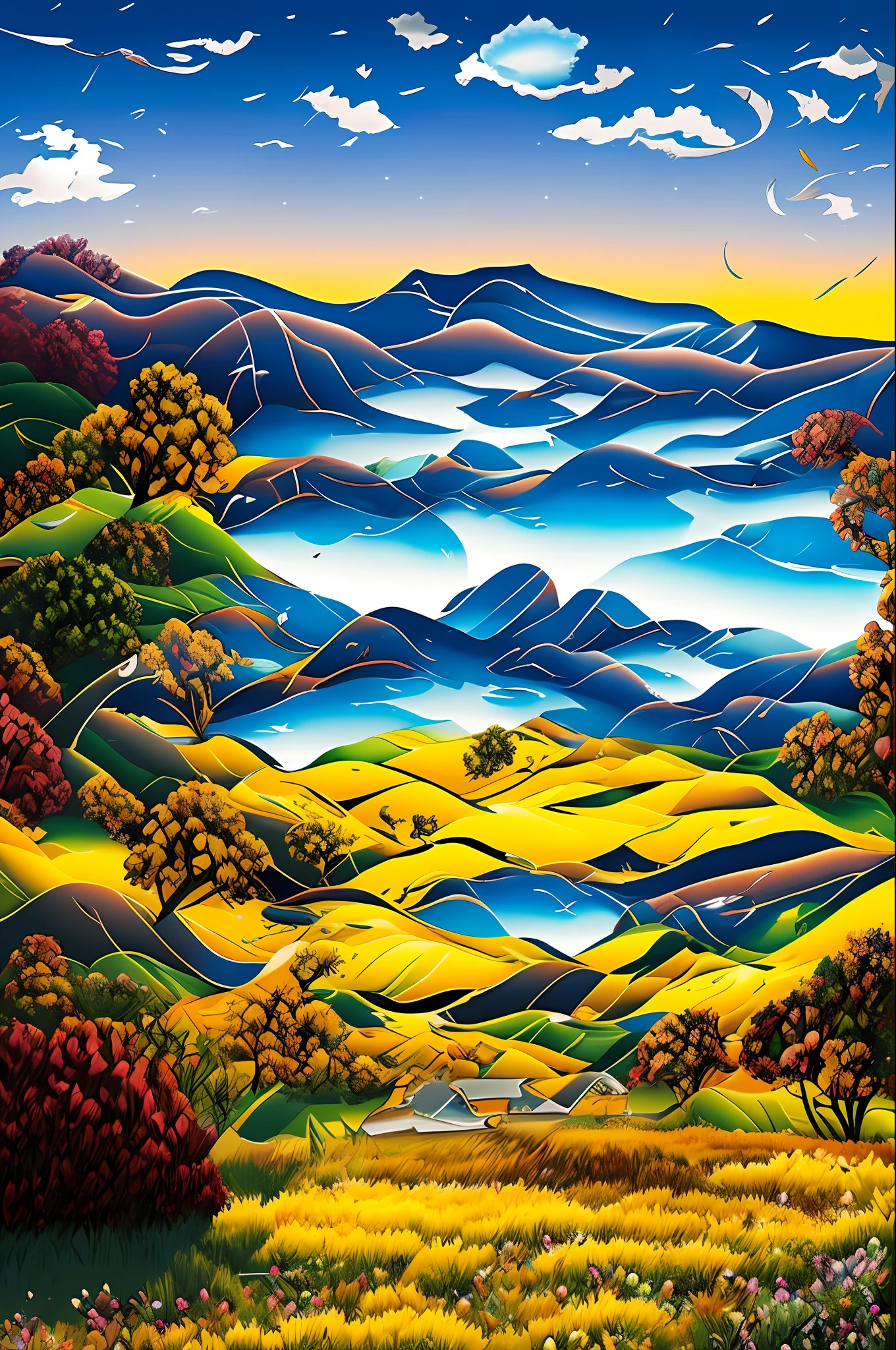 (((tmasterpiece))),illustratio,detailed glow,((ultra - detailed)), (astounding:1.1), big breasts beautiful, naturey, Sky and steppe, Big wind, wind blown, Line Cloud, clouds,golden colored, Foliage,A flower,In the midst of lush landscapes, an award winning photograph, Toshiba PDR M70 boo