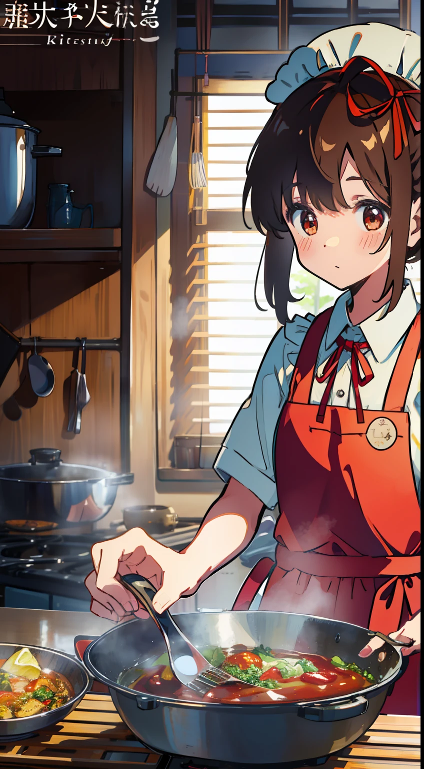 One girl、kitchin、cooking a、​masterpiece、Top image quality、top-quality、cute little、Brown hair、One knot、poneyTail、Red ribbon on head、Household apron、