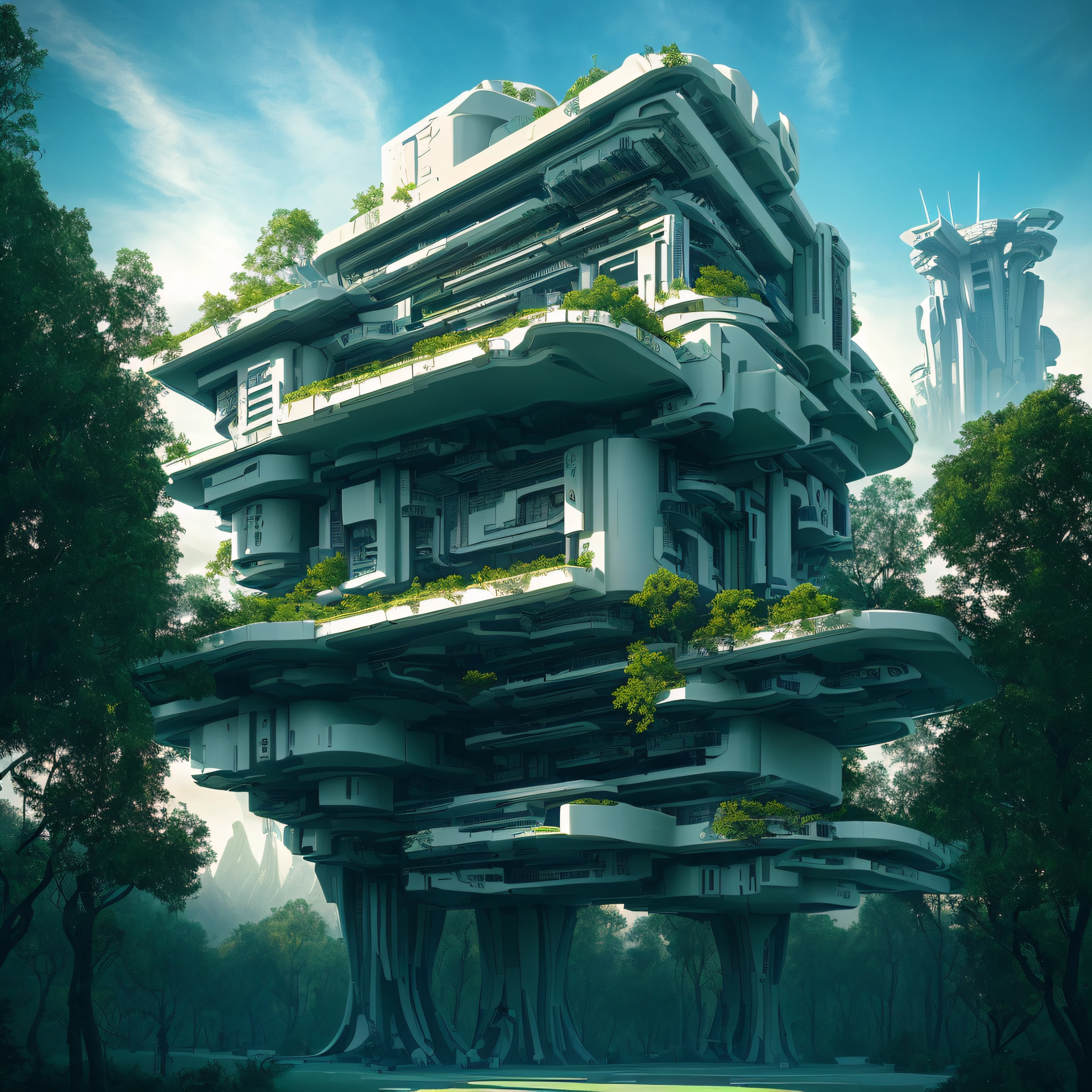 Casa Arafed en medio de un bosque con vista al cielo, cyberpunk tree house, Surrealist science fiction architecture, fantasy architecture, Futuristic utopian architecture, Utopian jungle in space, Futuristic utopian fantasy, inspirado por Johfra Bosschart, High-tech futuritic architecture, Concepto de arquitectura futurista, 3 D render beeple, Arquitectura Solarpunk