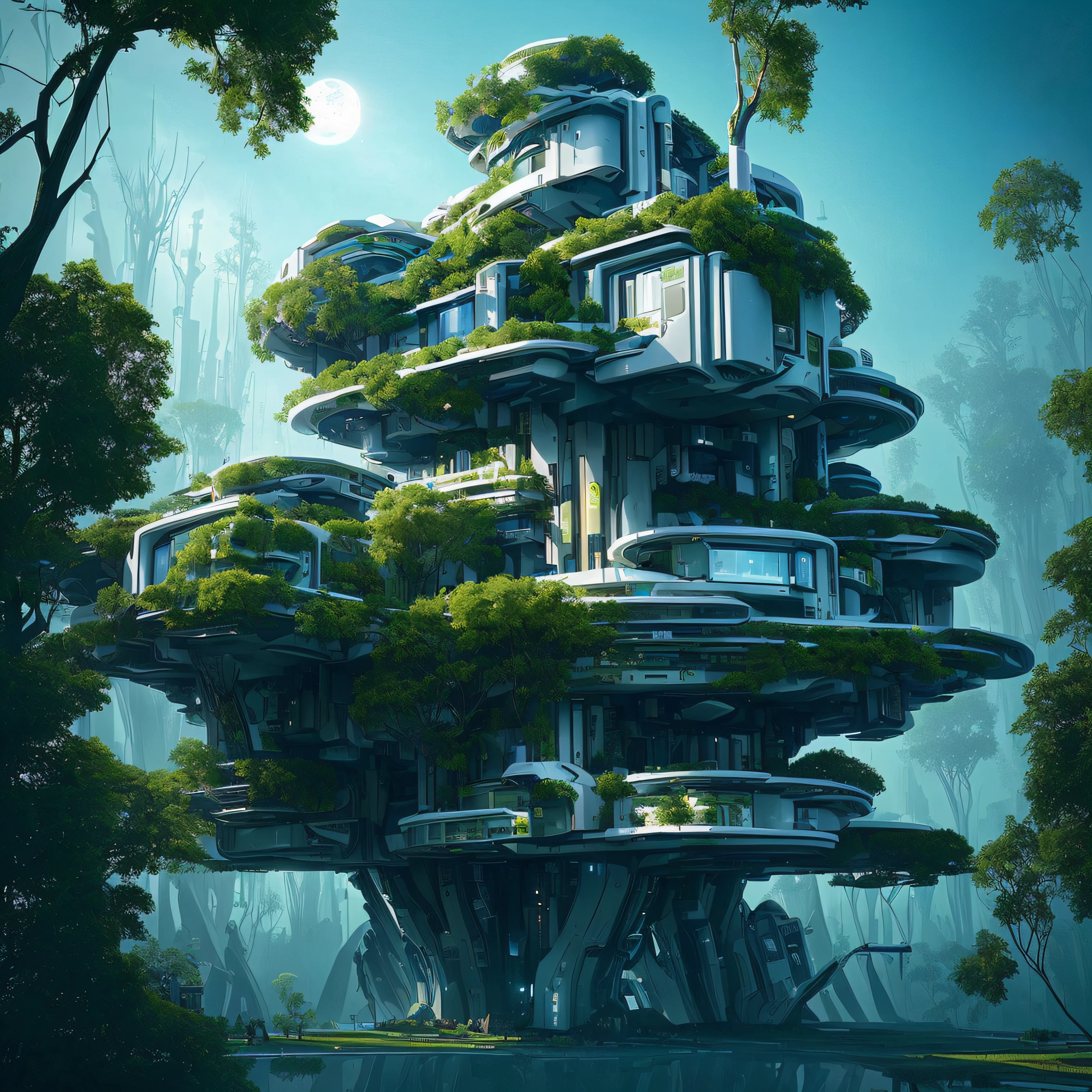 Casa Arafed en medio de un bosque con vista al cielo, cyberpunk tree house, Surrealist science fiction architecture, fantasy architecture, Futuristic utopian architecture, Utopian jungle in space, Futuristic utopian fantasy, inspirado por Johfra Bosschart, High-tech futuritic architecture, Concepto de arquitectura futurista, 3 D render beeple, Arquitectura Solarpunk