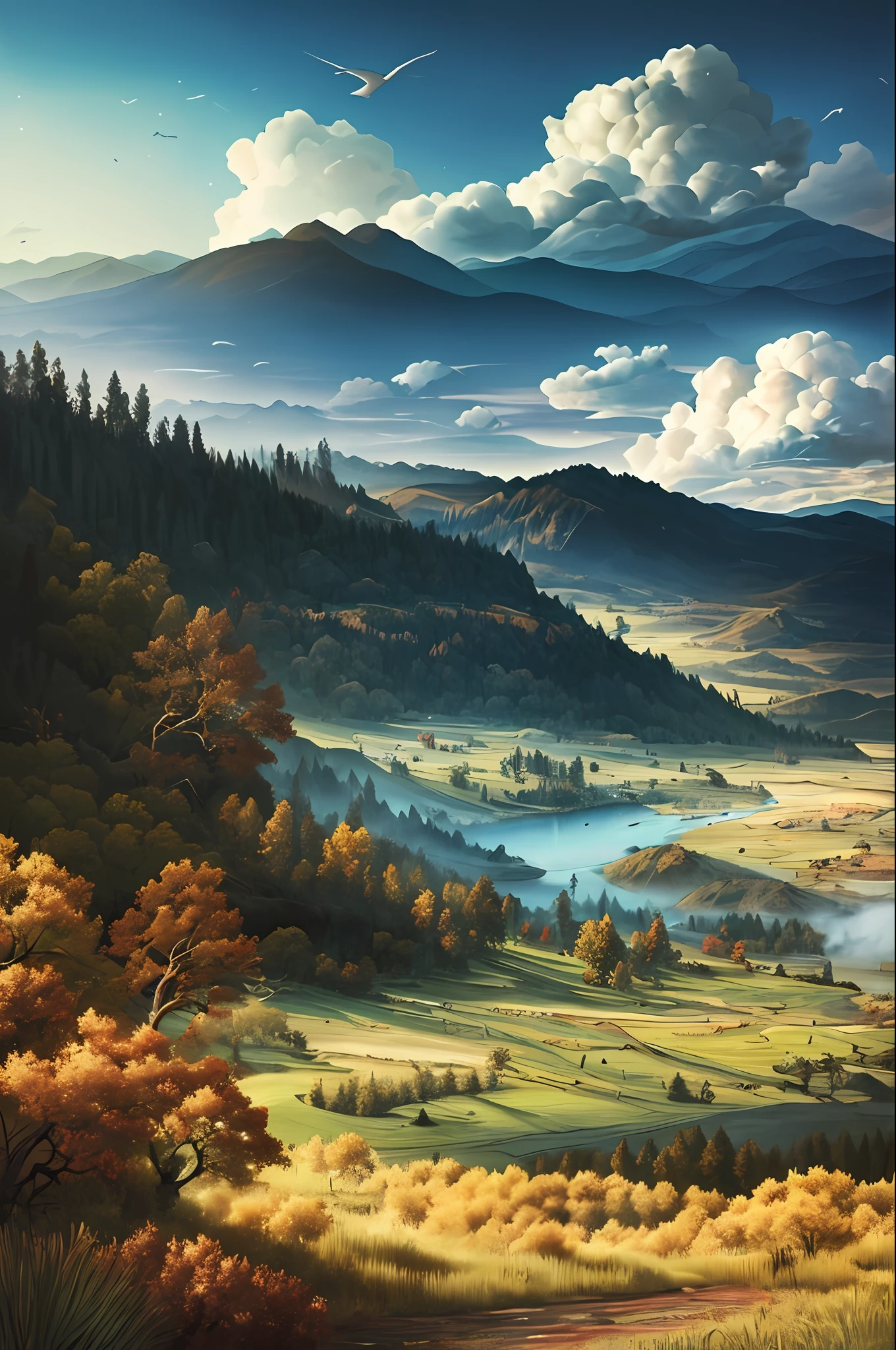 (((tmasterpiece))),illustratio,detailed glow,((ultra - detailed)), (astounding:1.1), big breasts beautiful, naturey, Sky and steppe, Big wind, wind blown, ln the forest, clouds,golden colored, Foliage,A flower,In the midst of lush landscapes, an award winning photograph, Toshiba PDR M70 boo