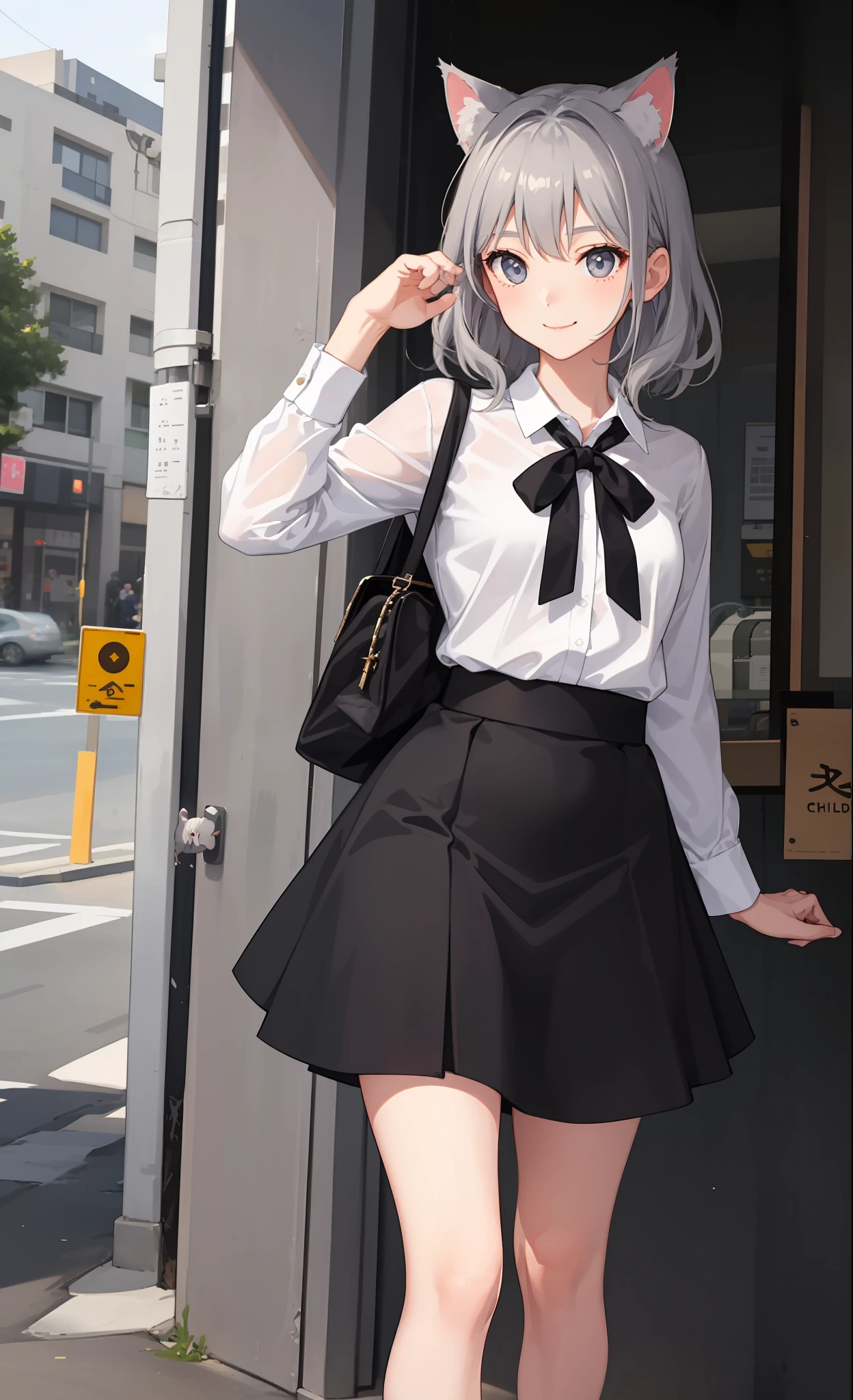 1girl in、A smile、The shirt、Blouse、skirt by the、(small tits)Chilarism、movement、(Gray hair)、Cat's ears、