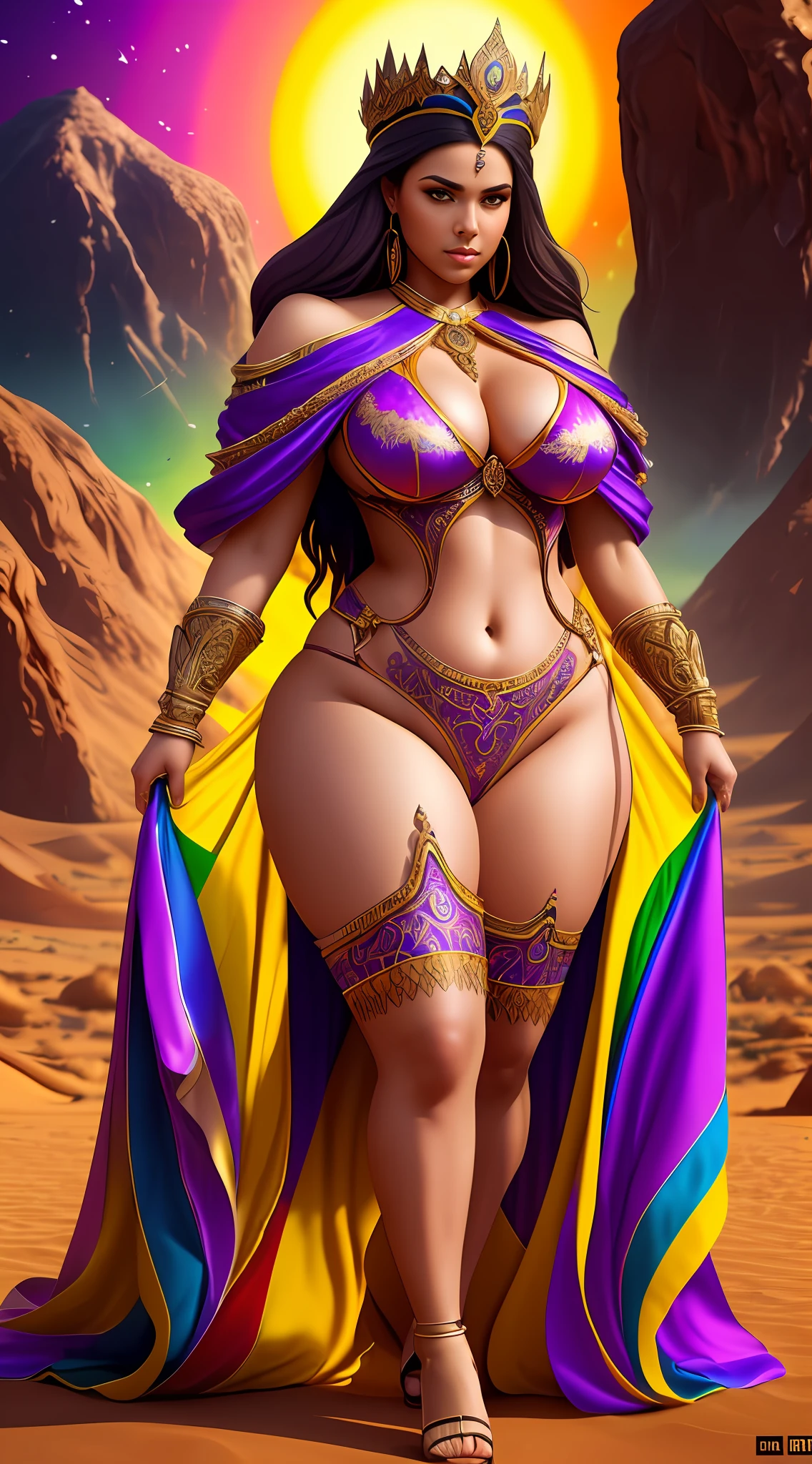 create Eden Mor in Full body photography of the most beautiful artwork in the world, a beautiful voluptuous thick curvy busty woman in intricate costume burning in the desert, rainbow colors, ArtStation, CGSociety, complex, high detail, clear focus, dramatic, realistic pictorial art trends Greg Rutkovsky --auto --s2