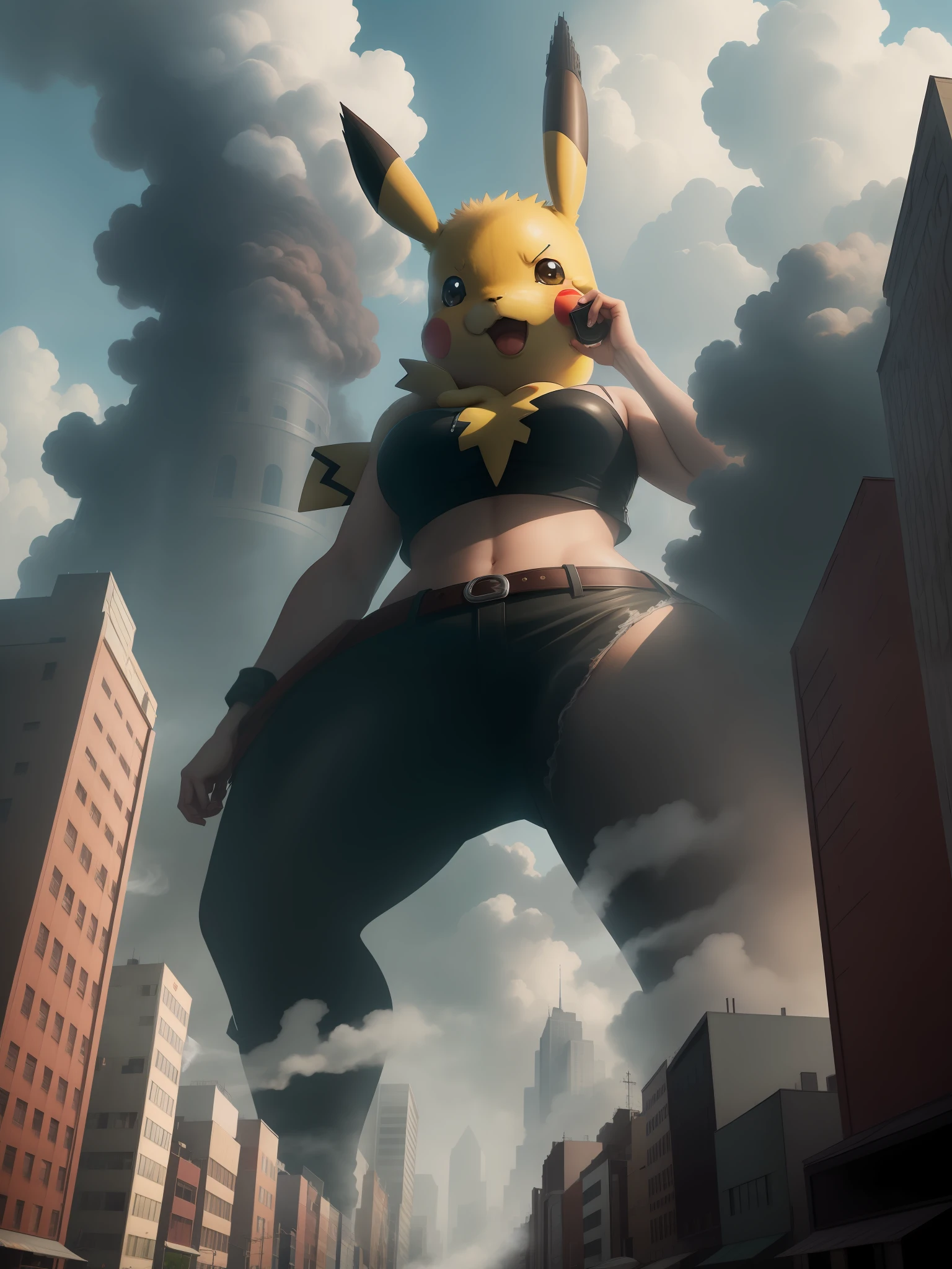 Master works, The highest image quality, hightquality, high detailing, Super Resolution Pikachu, Towering giant Pikachu, croptop, Suggests Pikachu's great strength. She seems to wander carelessly through the bustling cityscape of GTS City, with towering buildings looming overhead. Smoke and clouds rage around Pikachu, adding to the epic sense of scale and drama. The lighting is dark, broody, and realistic, creating a tense and ominous atmosphere. From below, The perspective emphasizes the sheer majesty and power of Pikachu.A pokémon