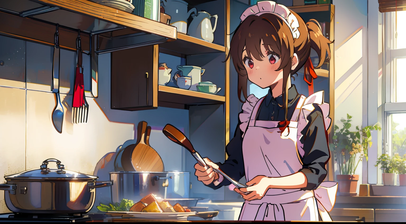 One girl、kitchin、cooking a、masterpiece、Top image quality、top-quality、cute little、Brown hair、One knot、poneyTail、Red ribbon on head、Household apron、