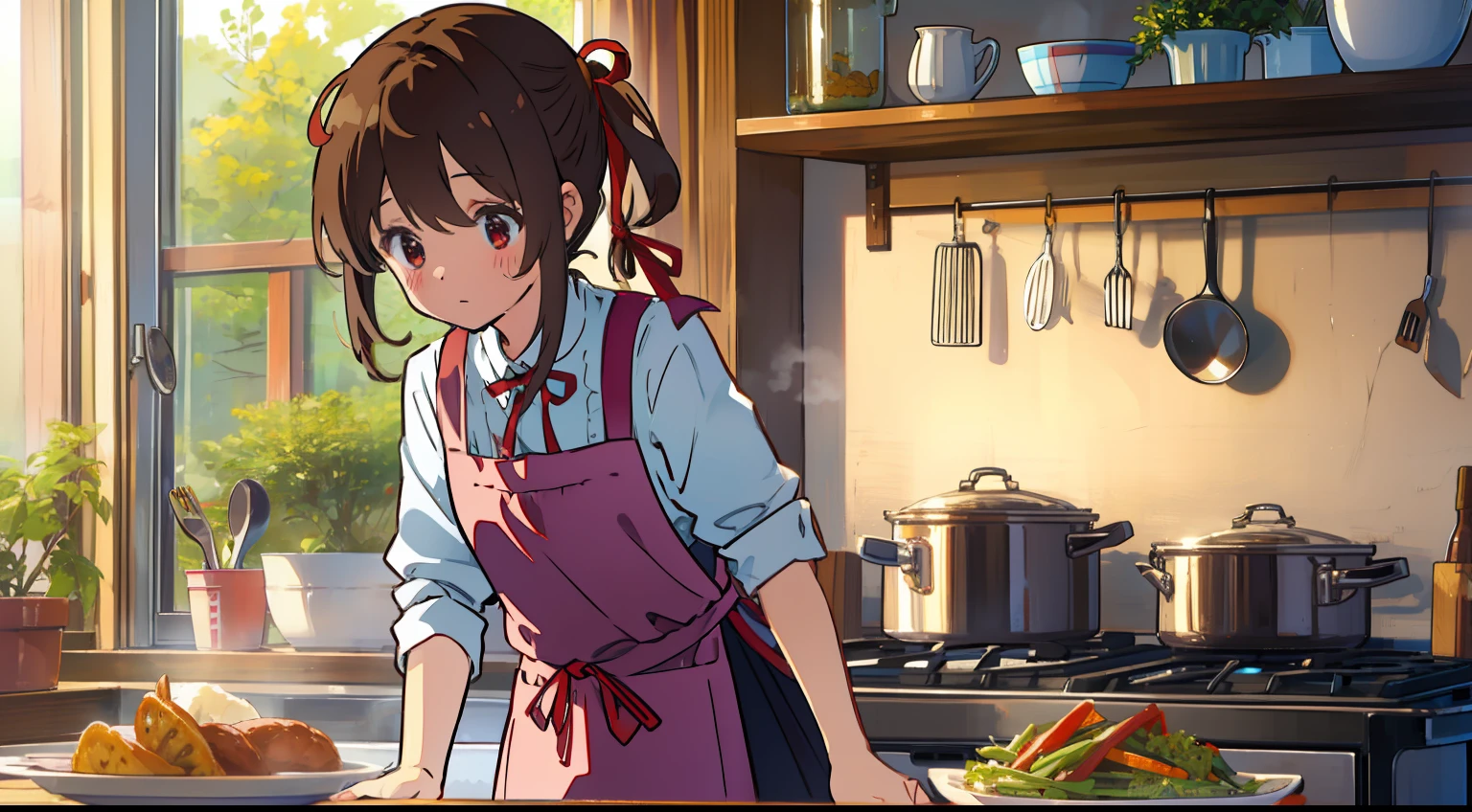 One girl、kitchin、cooking a、​masterpiece、Top image quality、top-quality、cute little、Brown hair、One knot、poneyTail、Red ribbon on head、Household apron、