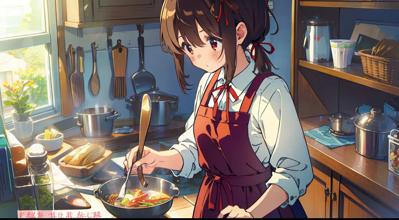 One girl、kitchin、cooking a、masterpiece、Top image quality、top-quality、cute little、Brown hair、One knot、poneyTail、Red ribbon on head、Household apron、