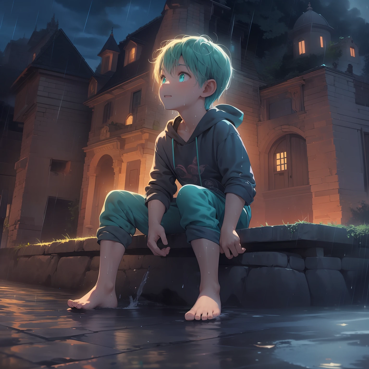 4K), little boy with cyan hair and green eyes and barefoot and wet sweatpants and shirtless small tiny feet,, happy expression, He sits on a castle wall, und betet, thunder and rain, night, cloudy, Nebel Licht, Impressionismus, 2D, (Dornen: 1.1), (toter Baum: 1.1) Focused on feet, feet pose, sexy feet