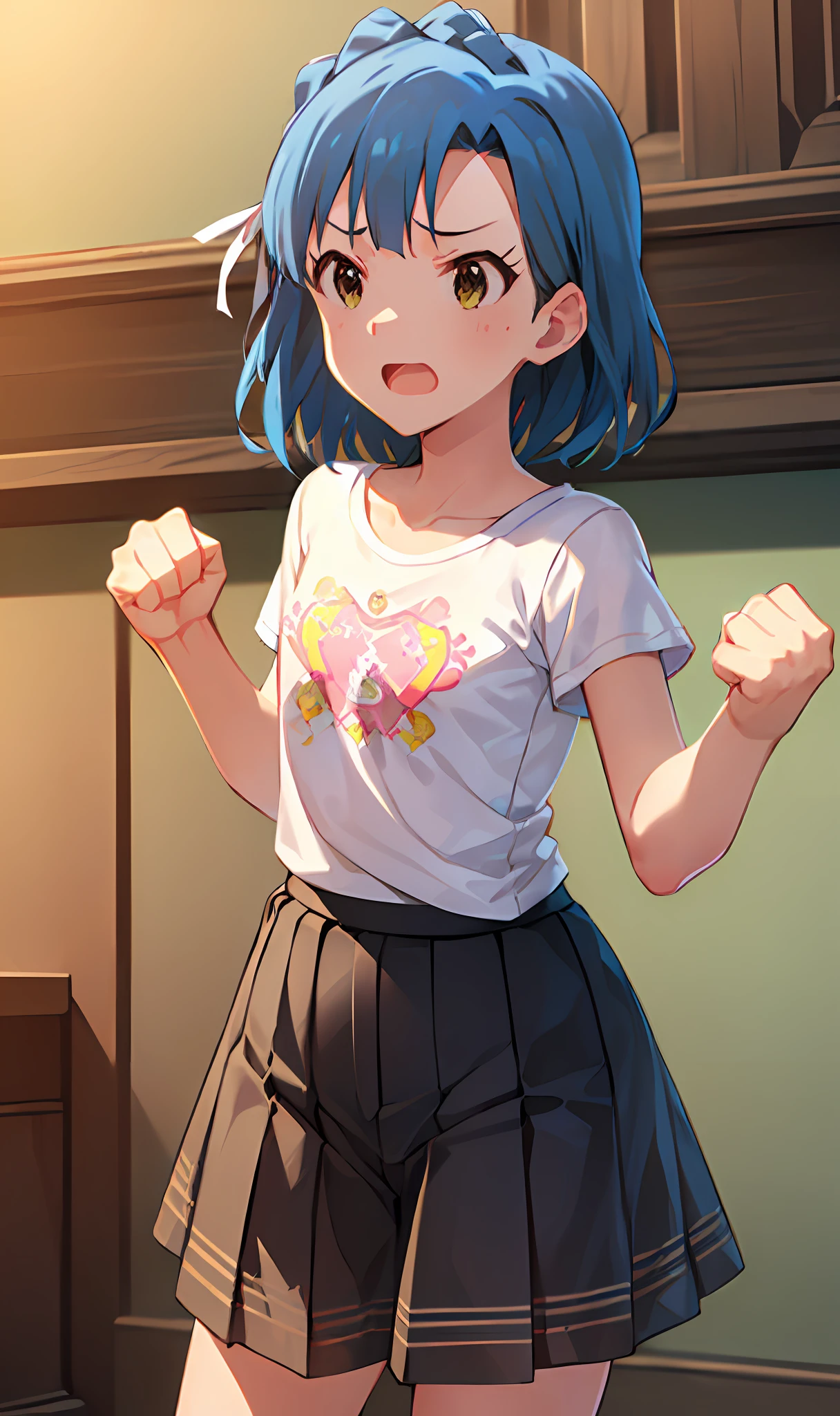 yuriko nanao (million live). Short stature. (((white t-shirts))).(((Skirt))).(((masterpiece))).(((best quality))).((Ultra-detailed))).(((illustratio))). (((fighting stance))).(((a room))).(((make a fist))).(((up chest))).Despair face.(((short-hair))).((Medium chest)).((Opening Mouth)).