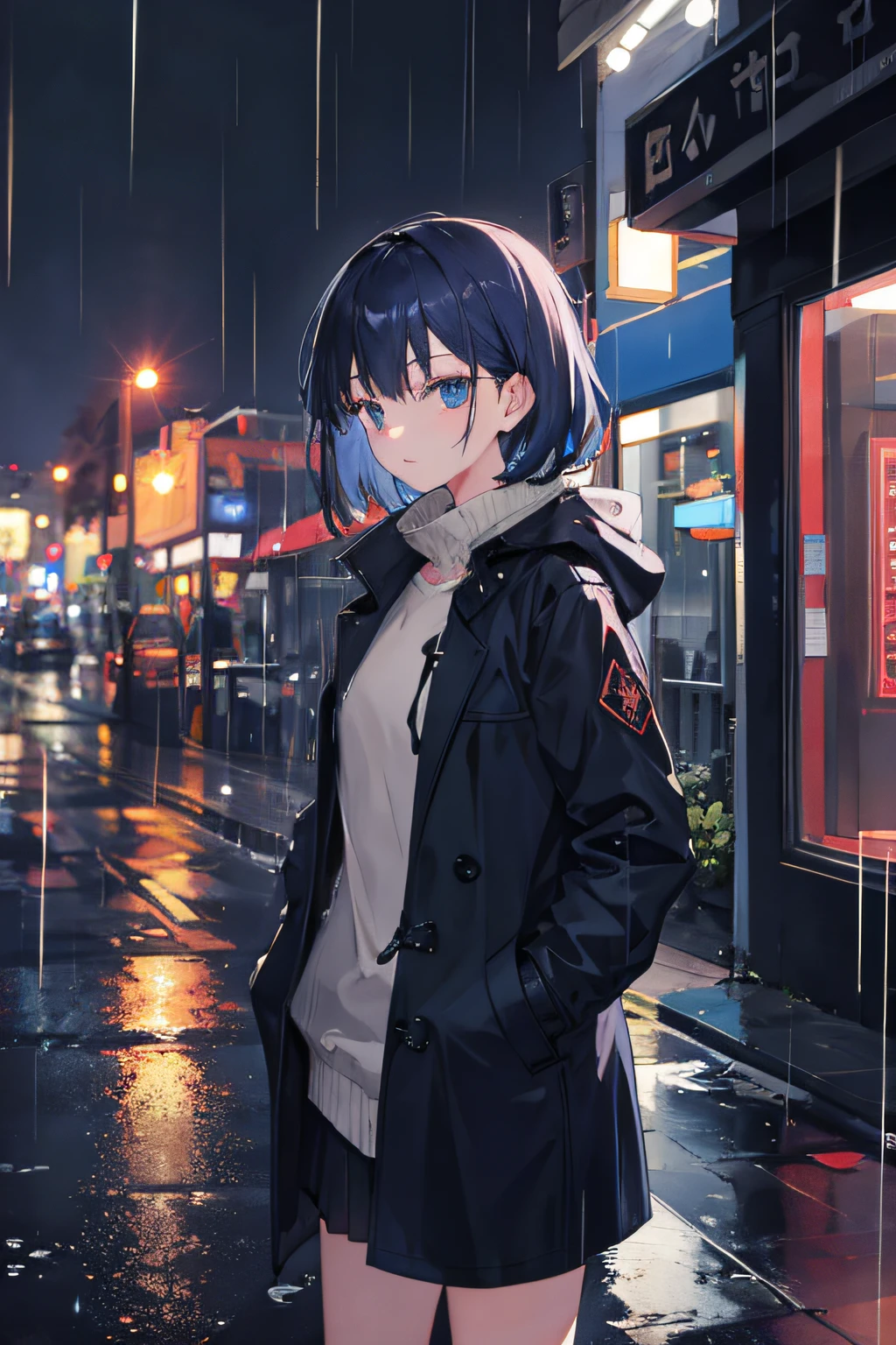 1girl, Night City, rain, coat, hands in pockets