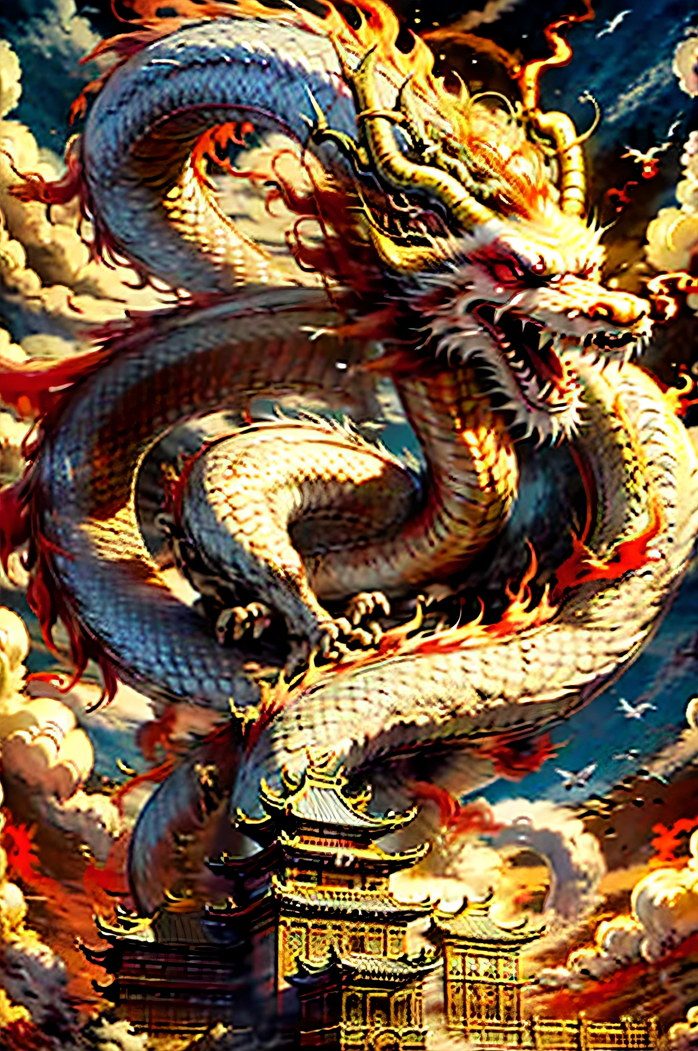 Best quality,masterpiece,ultra high res,nu no humans, (long:1.2),no humans, cloud, architecture, east asian architecture, red eyes, horns, open mouth, sky, fangs, eastern dragon, cloudy sky, teeth, flying, fire, bird, wings