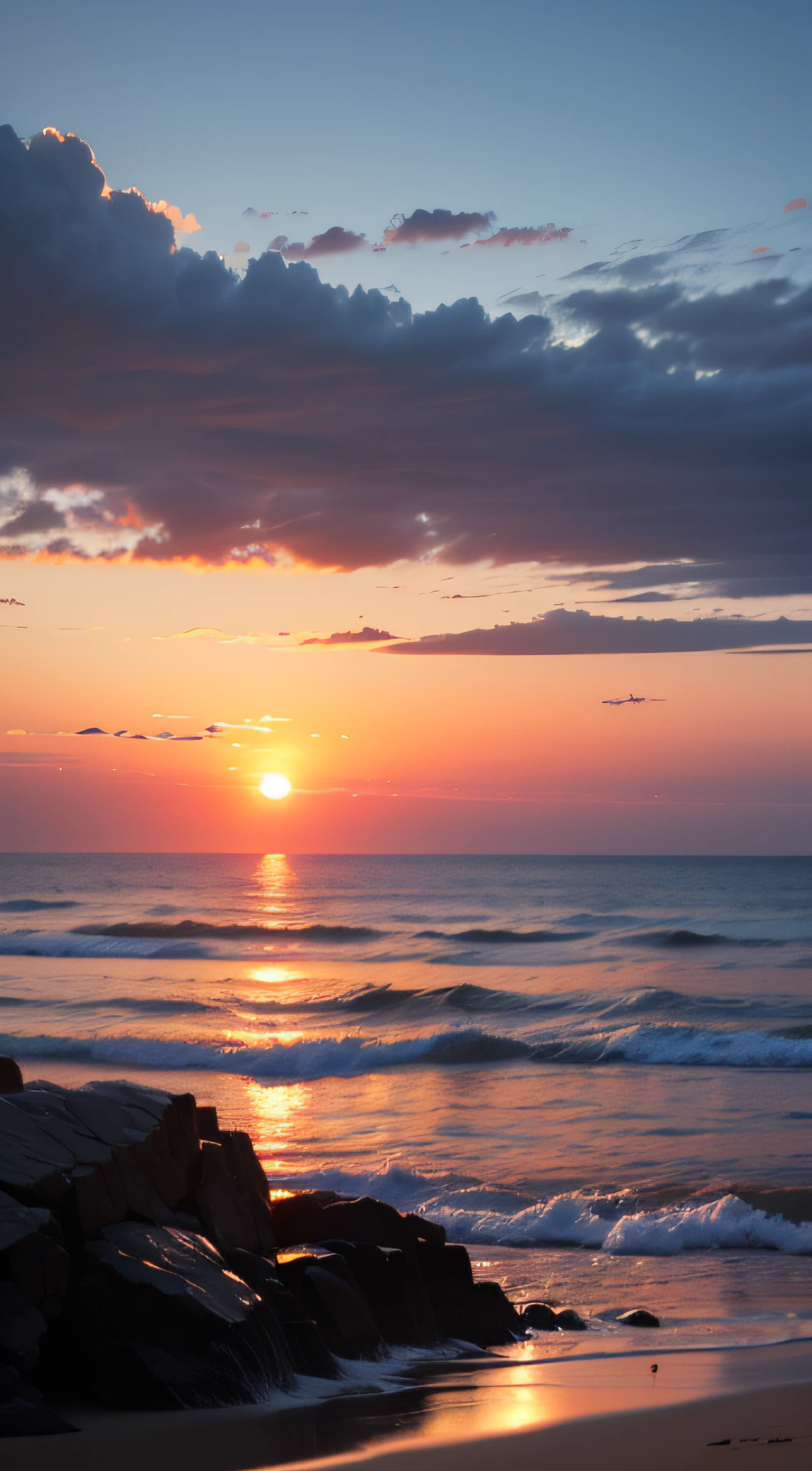 (of a real:1.5)，（beachside：1.5）,the setting sun --auto