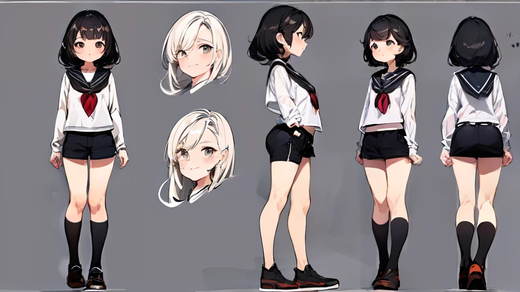 ((masterpiece)),(((best quality))),(character design sheet,same character,front,side,back), 1girl, 3 years old, solo, chibi, black hair, black eyes, looking at around, full body, 100cm tall, detailed, smiling, black sailor outfit with short shorts, red rose as accessory, charturnbetalora, concept art, character concept art, character sketch, reference sheet, character sheet, (simple background, white background: 1.3)