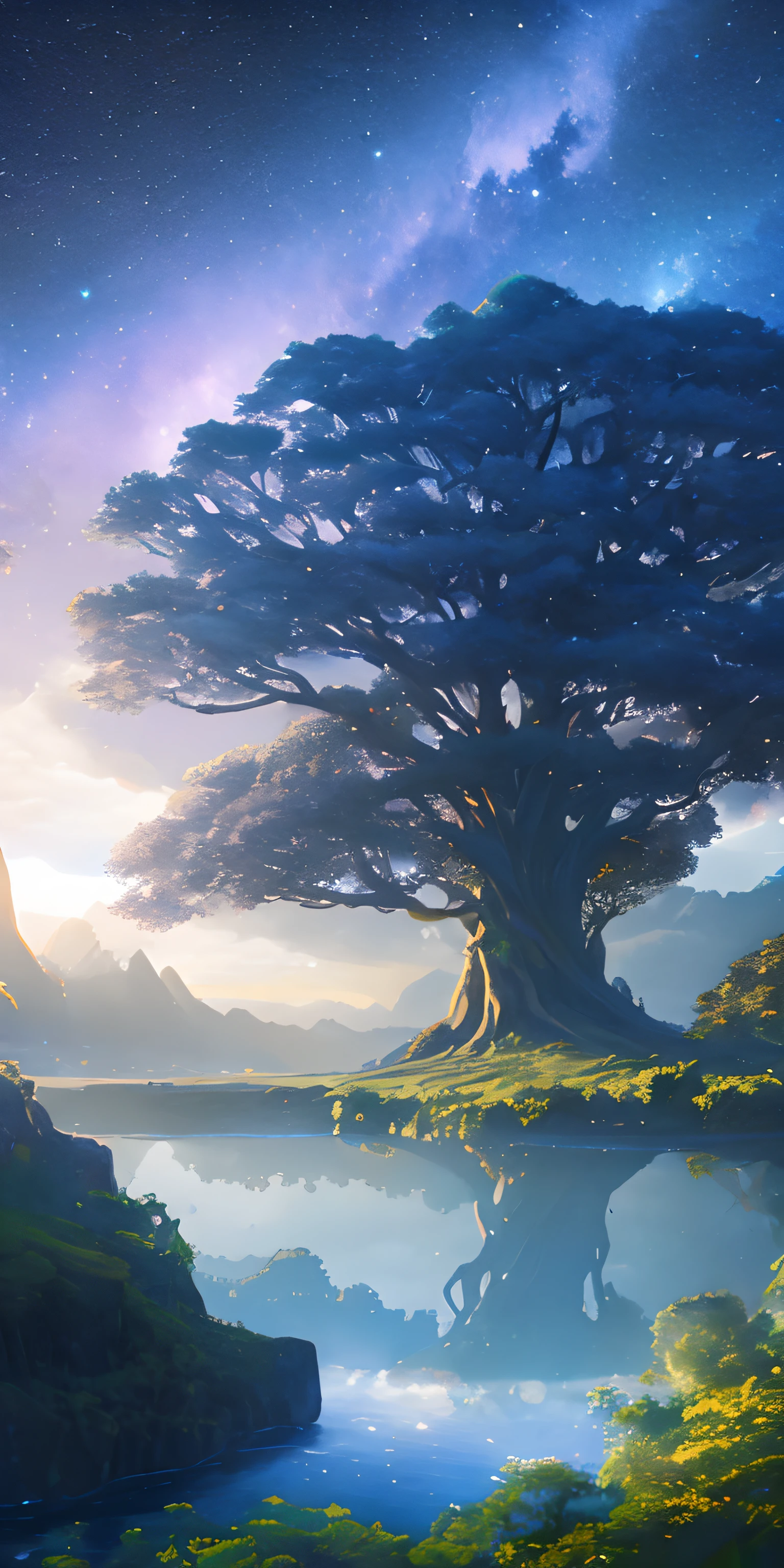 Illustration of a hyperrealistic , otherworldly, ultrasky scene featuring a giant crystal tree full body,very detailed and magical lighting, intricate forest details, vegetation and river around, solarpunk ,landscape, giant tree, beatifull leafy with beautiful lighting and realistic proportions, as if it were a cinematic background, 8k, highest quality, masterpiece, clouds and stars in the sky.