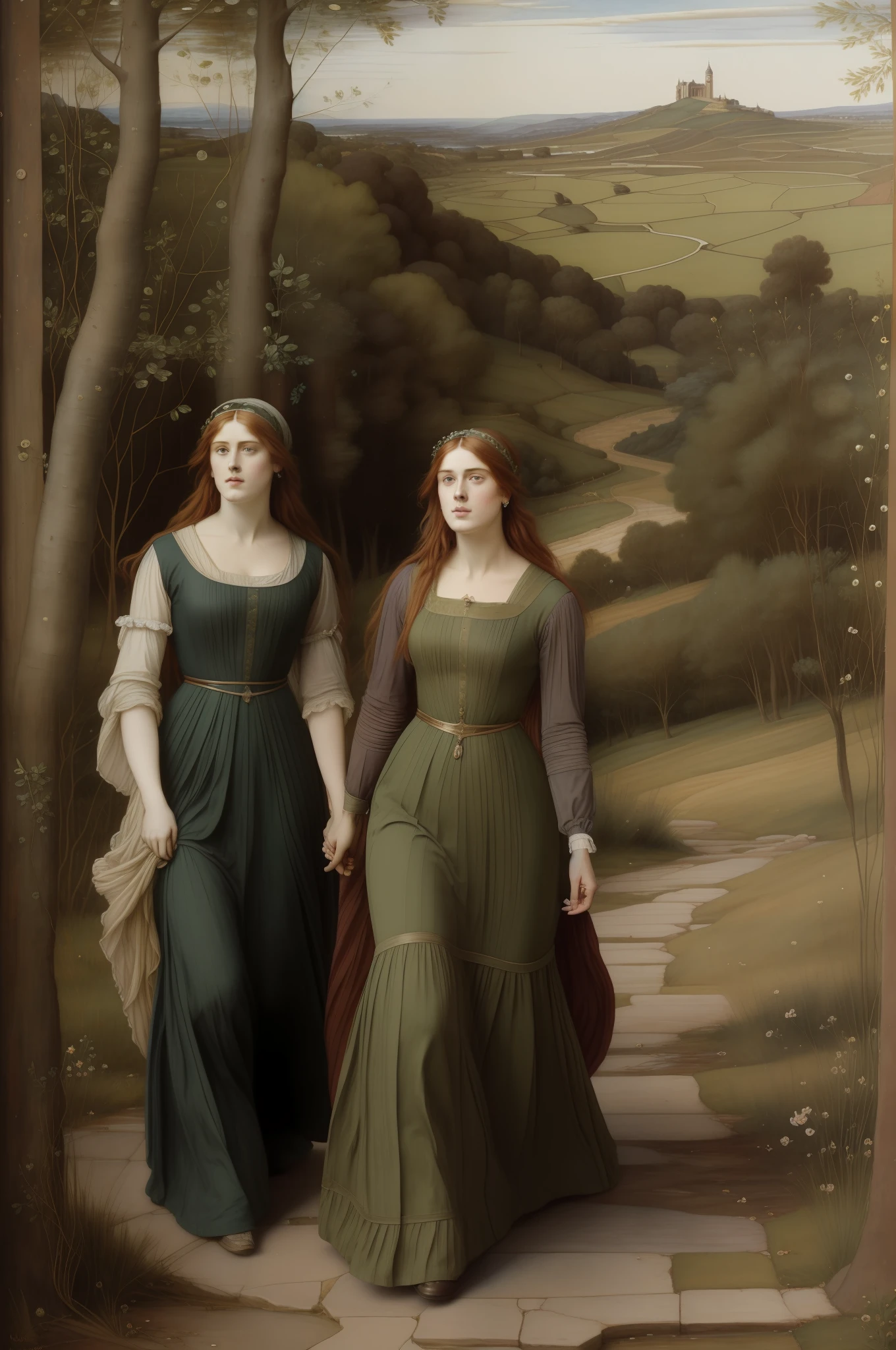 "(((Pre-Raphaelite painting))), mulheres celtas fiando e tecendo, roupas xadrez, paisagem celta, tons outonais, destaque para um grande freixo, mulheres medievais, tecer, fiar, celta, mulheres difetentes, freixo, freixo, ash tree"