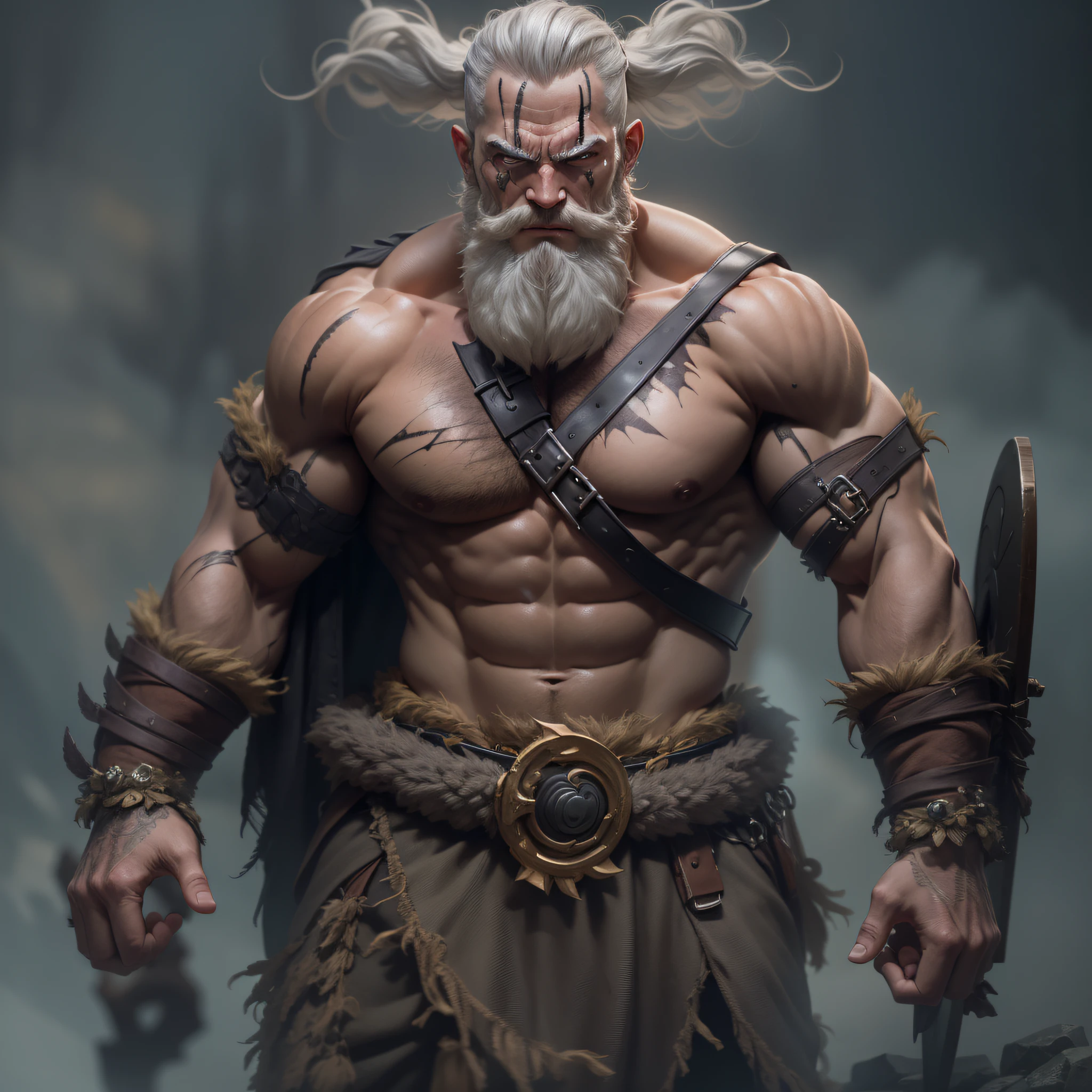 (highly detailed: 1.2), (best quality canon EOS R6: 1.2), (8k: 1.0), (dynamic posture: 1.2), masterpiece, best quality, 1cyclops, wearing mythological costume, very muscular, athletic, huge, gray hair, bald, scars, warrior, barbarian, sfw, mythological dystopia, mythological background.