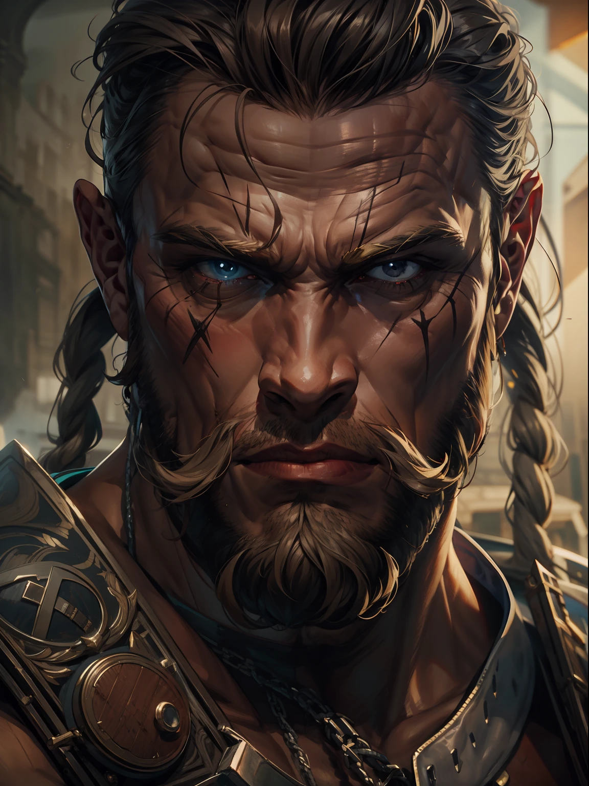 d&desenho d, A muscular and barbaric Viking man with a scar on his mouth, expression serious, intensidade de close-up, master part, best quality, ultra-detalhado, beautiful cinematic lighting, detalhes intrincados, Olhando para o Viewer, Profundidade de campo-AR 2:3-s 200